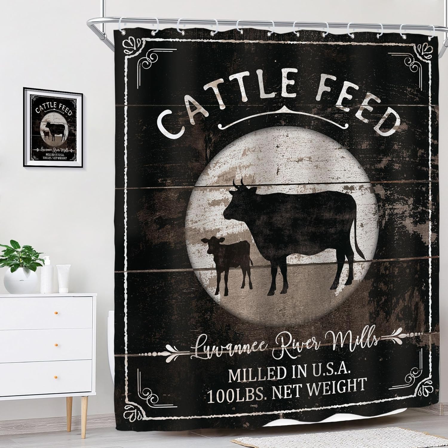 Riyidecor Cattle Feed Farmhouse Cow Shower Curtain for Bathroom Decor 60Wx72H Rustic Farm Animal Country Western Black Wooden Board Barn Bull Vintage Printed Fabric Polyester Waterproof 12 Pack Hooks