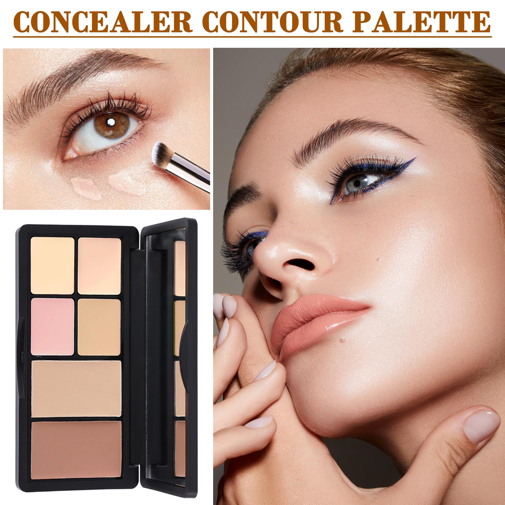 Concealer-Palette, 6 Farben, wasserfest, langlebig, vollständige Abdeckung, Grundierung, Highlighter und Contouring, Make-up-Set mit Pinsel (N° 02)