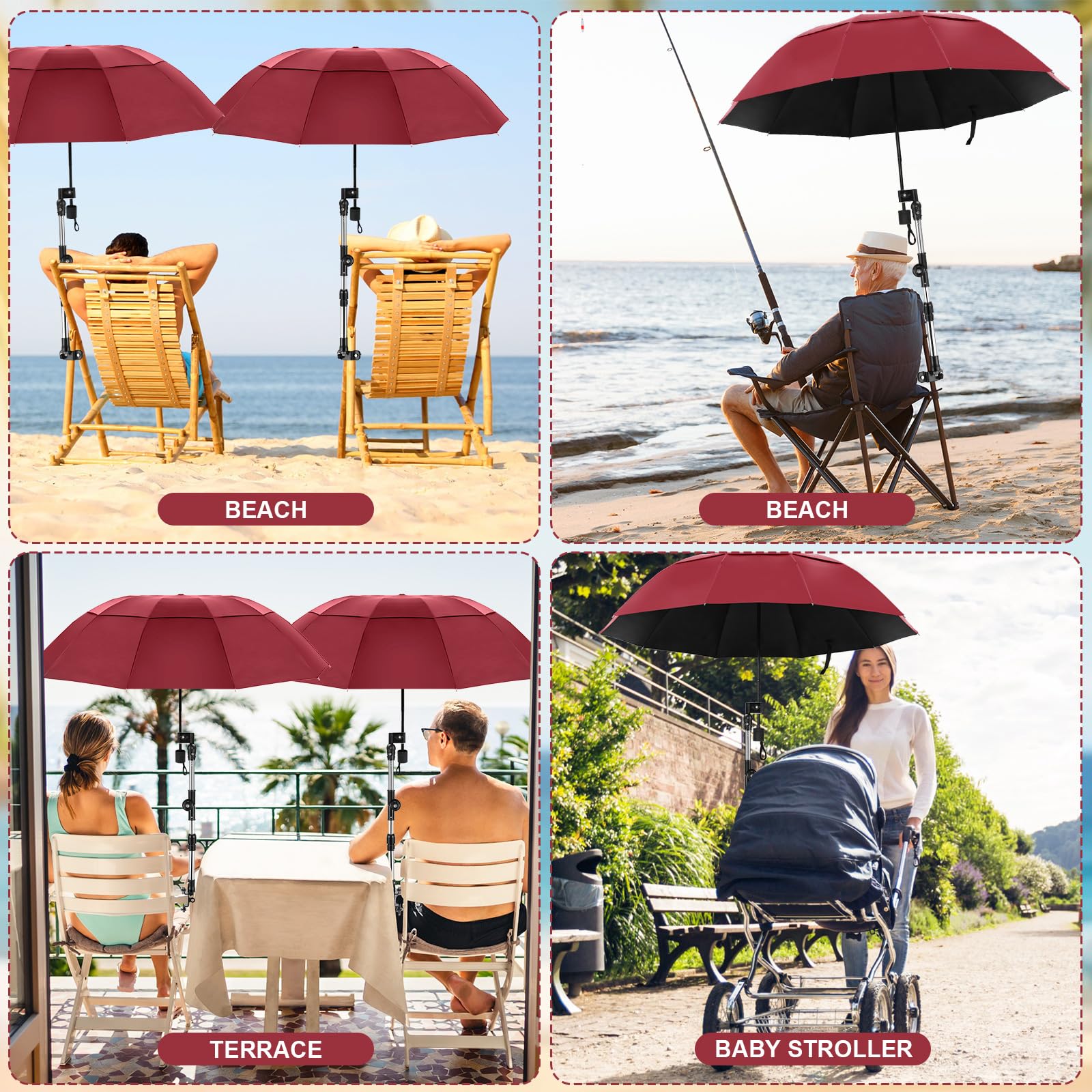 Paquete de 2 paraguas grande para silla de doble dosel con abrazadera ajustable, sombrilla para silla de playa, paraguas plegable portátil para deportes al aire libre, carrito de golf, patio