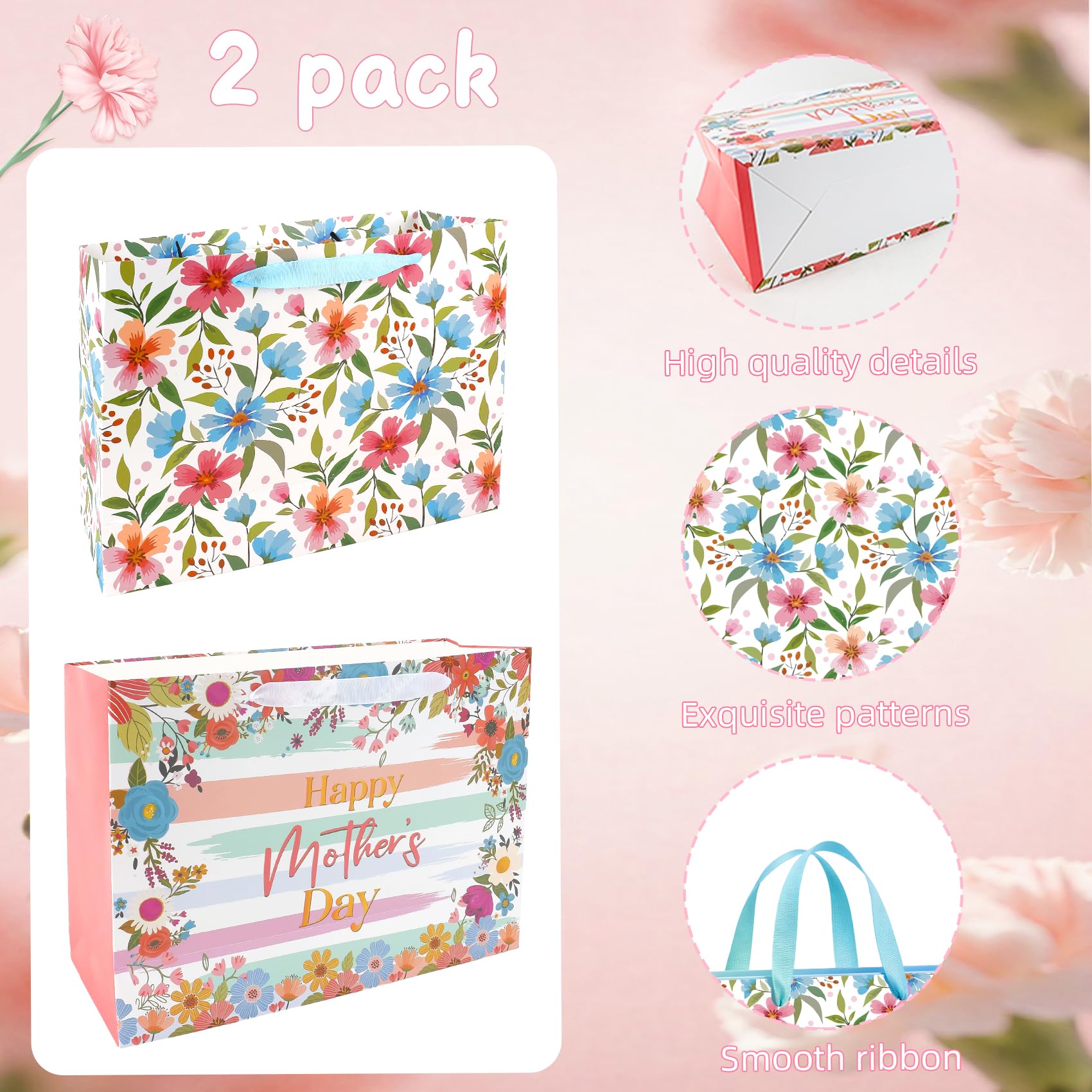 2 Pack 13" Large Mothers Day Gift Bags, Reusable Paper Mothers Day Floral Gift Bag with Handles Elegant Mothers Gift Wrap Bags with Flowers Pattern Design for Woman Moms Grandmas Gift Wrapping Supplie