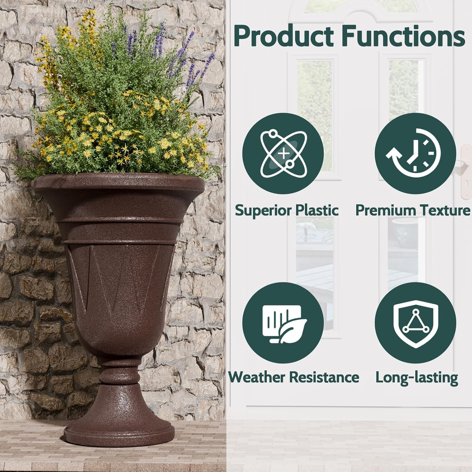 23.6" Tall Plastic Urn Planters for Outdoor Plants, Set of 2 Heavy-Duty Classic Indoor Large Flower Pots with Drainage Holes & Trophy Design, Outdoor Planters for Porch, Home Garden, Brown