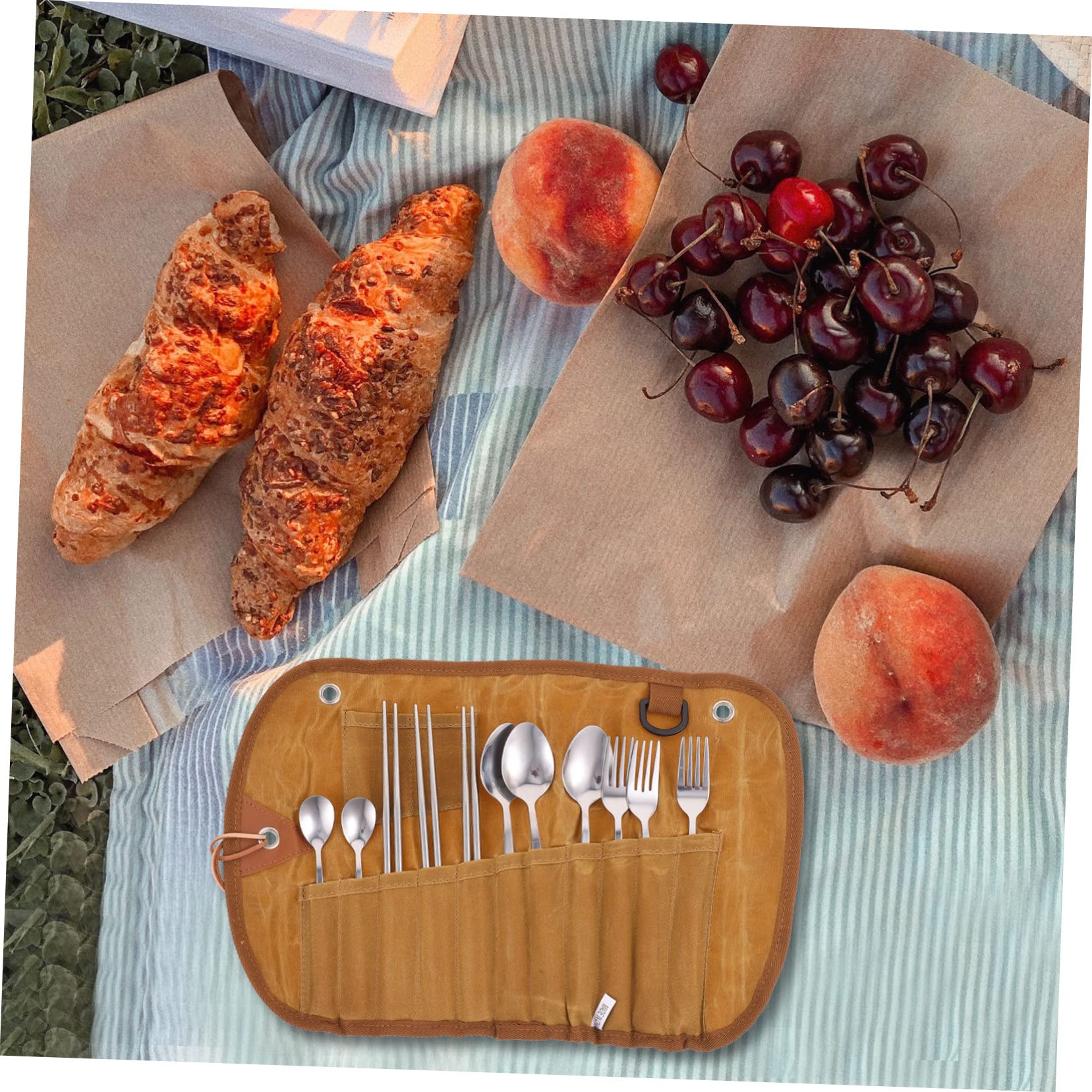 TOYANDONA Stoviglie Con Utensili Per Picnic e Barbecue Posate in Tela Arrotolabile Per Escursioni All e Trasporto Facile