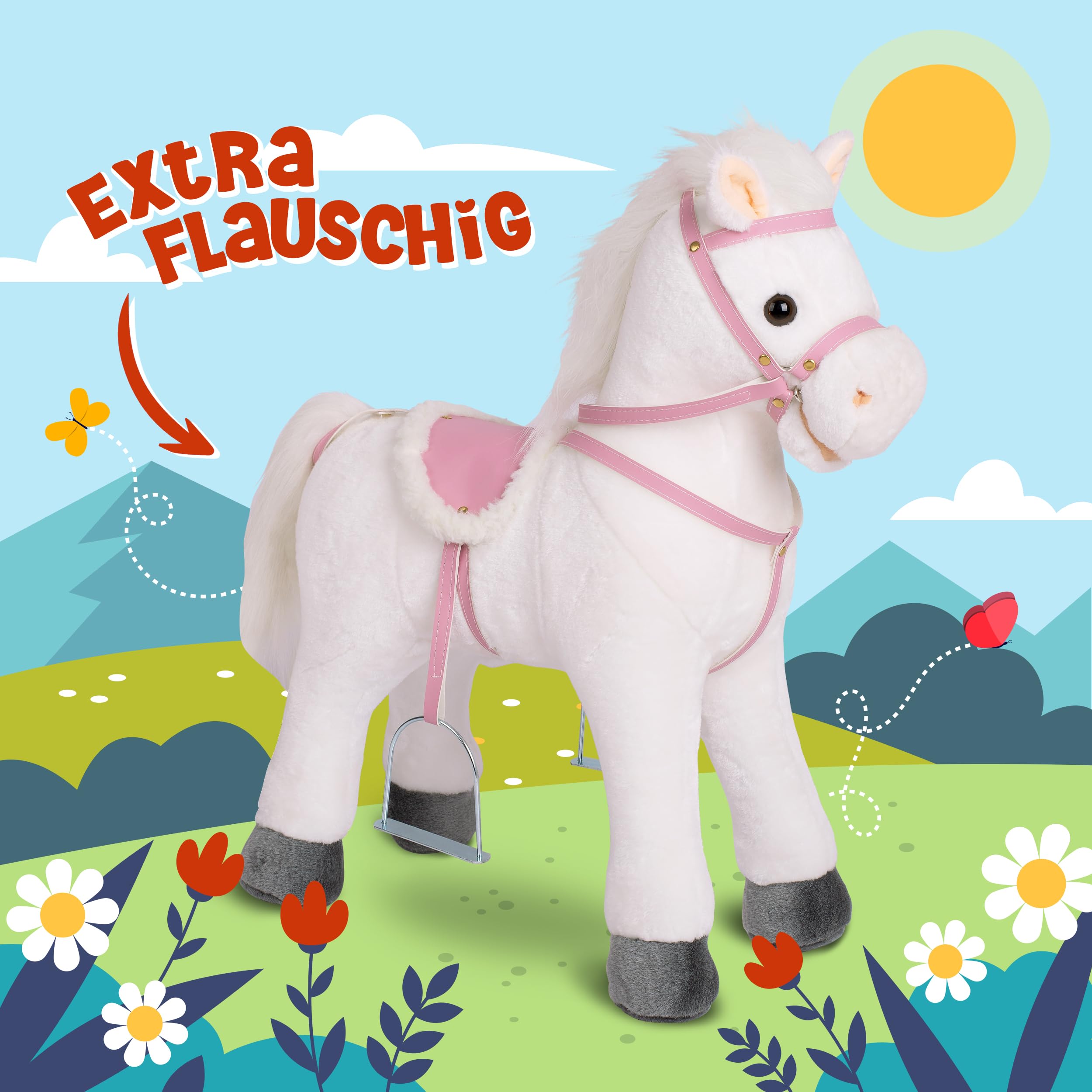 Pink Papaya Stehpferd zum draufsitzen | 60cm Spielpferd zum Reiten Luna | Pferd zum Reiten für Kinder mit Sound | Sattel Pferd