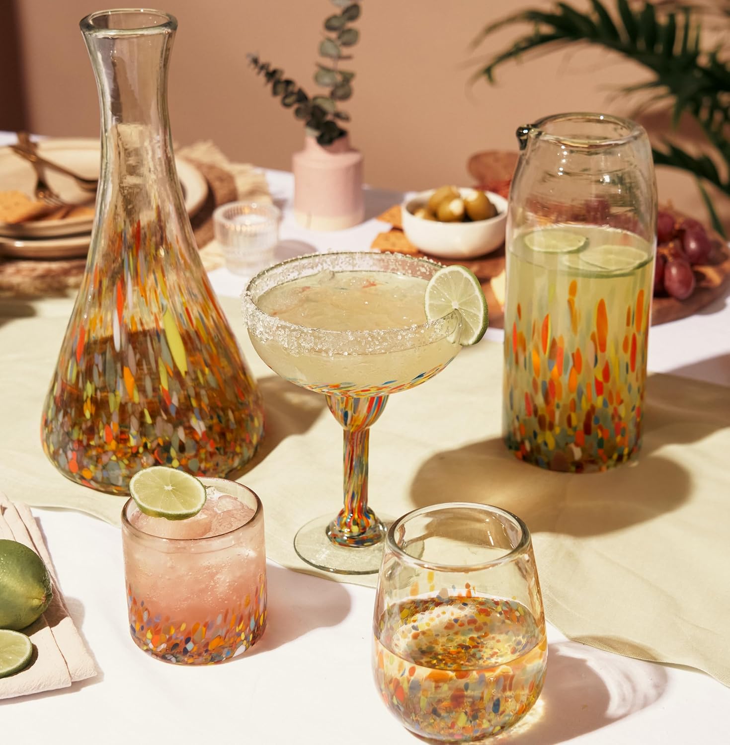 Twine Segunda Vida Artistico 100% Recycled Glassware Tumblers, Hand Blown Cocktail Glasses for Dinner Party, Icon Glasses Gifts, Stemless Margarita Mexican Glassware, Set of 2, 13 oz, Multicolor