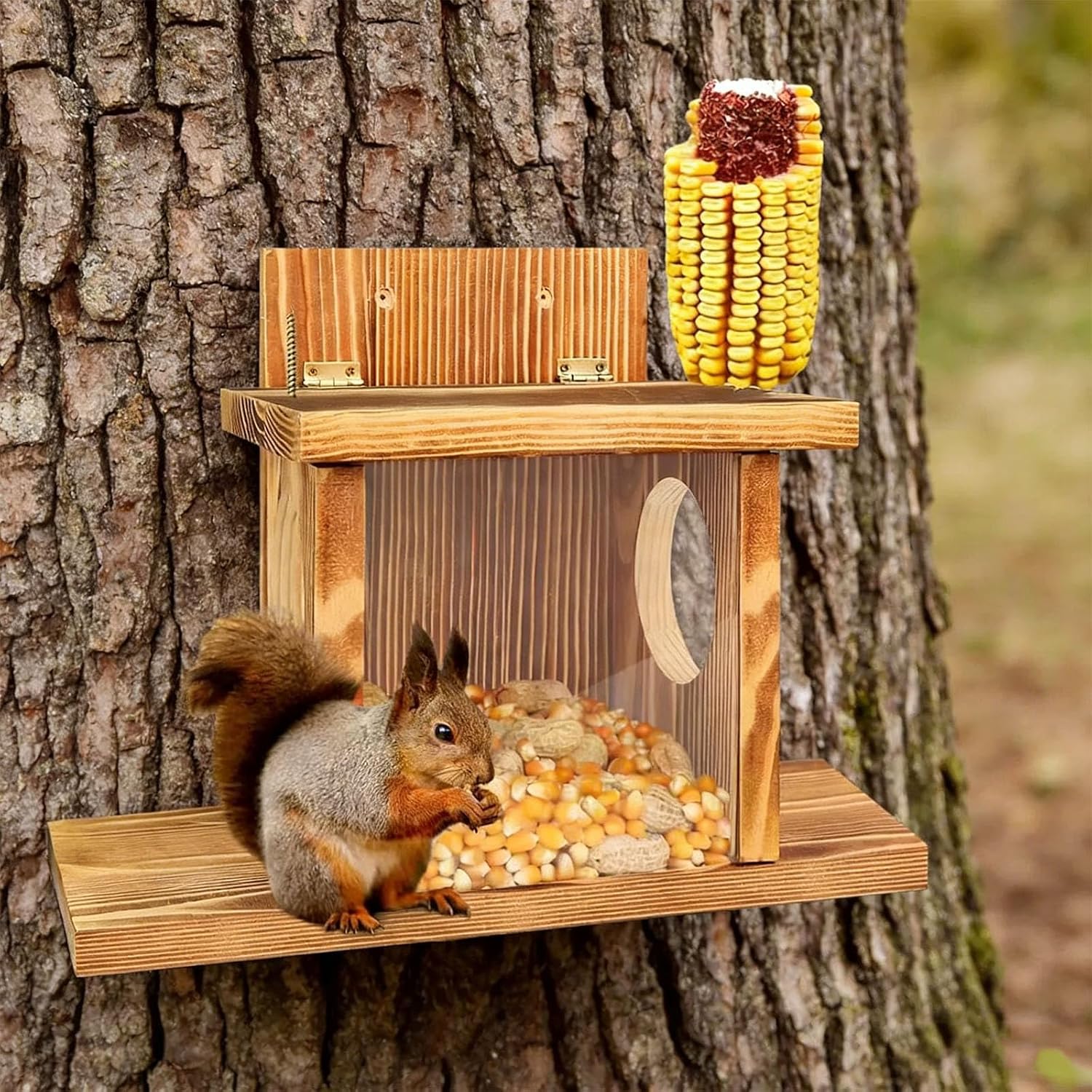 ordinarYone Wooden Wall Mounted Animal Feeder And Storage Box For Treats Outdoor Garden Decor Pet Feeding Station