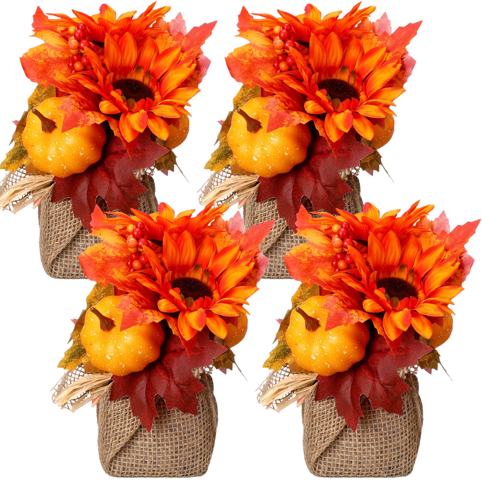 Junkin Thanksgiving Table Decorations 4 Pcs Artificial Fall Flowers Centerpieces Autumn with Fake Pumpkin Sunflower Arrangement Maple Leaves Berries Bouquet Thanksgiving for Home Farmhouse Harvest