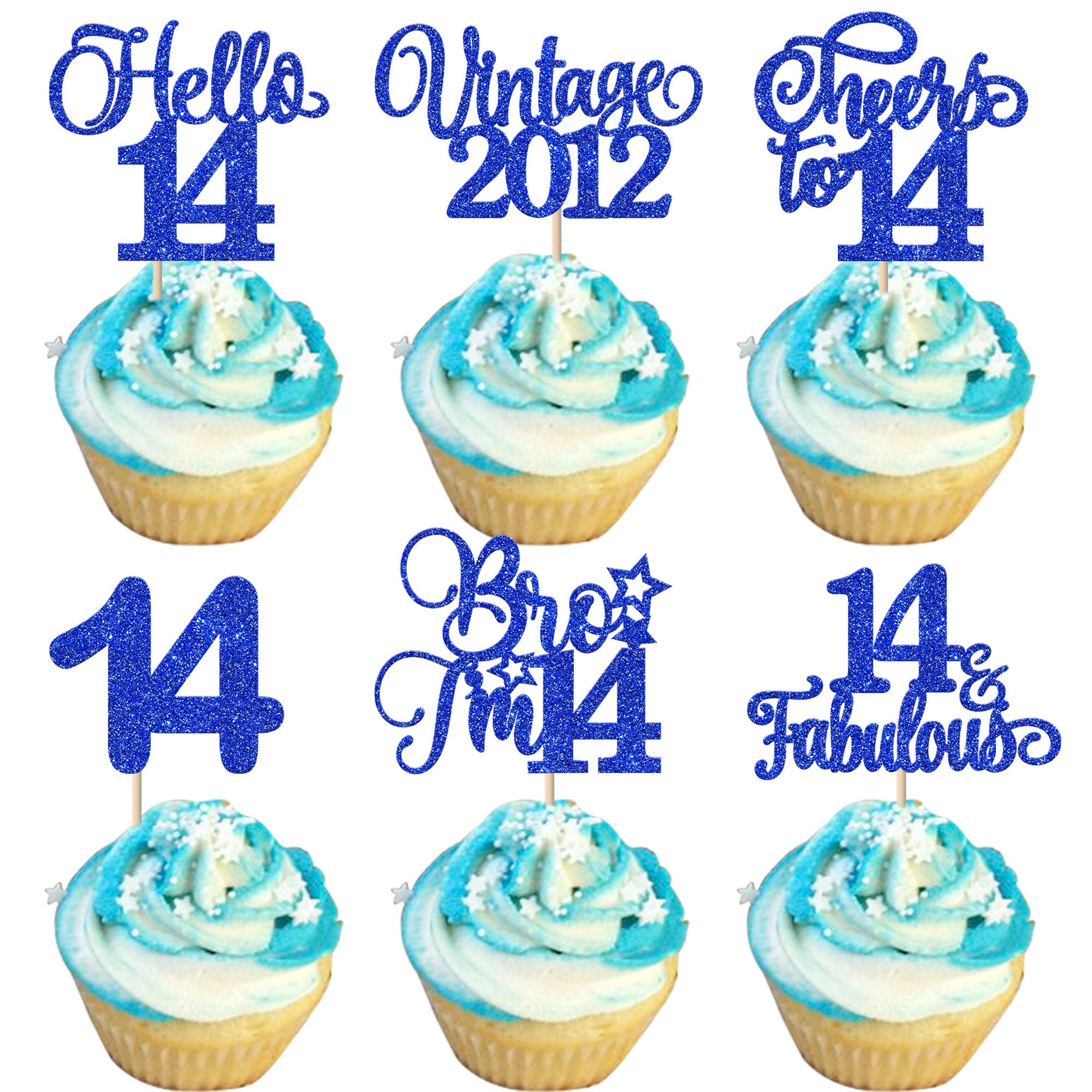 Xsstarmi 24 Pack Vintage 2012 Cupcake Toppers Glitter Blue Star Bro I'm 14 Fabulous Cupcake Picks Hello 14 Cheers to 14 Years Cake Decorations for Happy 14th Birthday Anniversary Party Supplies