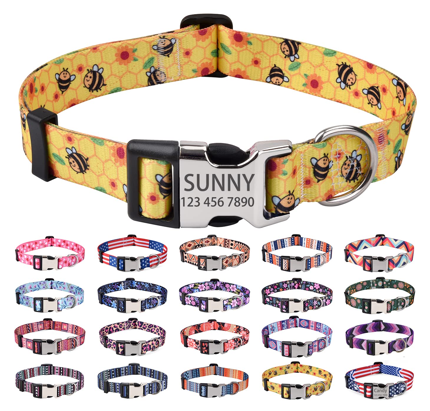 Mihqy Personalized Dog Collars, Customized Dog Collar with Name and Phone Number, Multiple Patterns & 4 Sizes Floral Geometry Dog Collar for Puppy