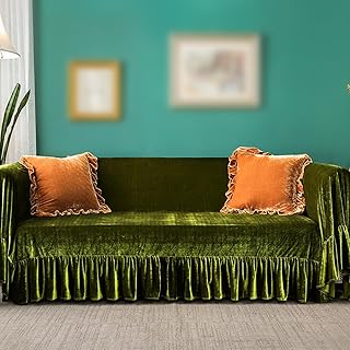Velvet Sofa Cover Soft Decorative Luxurious Solid Exquisite Ruffle Trim,...