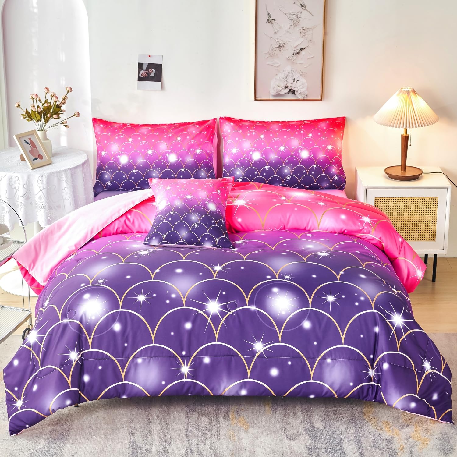 Queen-Size Bettwäsche-Set – Meerjungfrau Design, 4-teilig | Gebürstete Mikrofaser, Inkl. Spannbetttuch