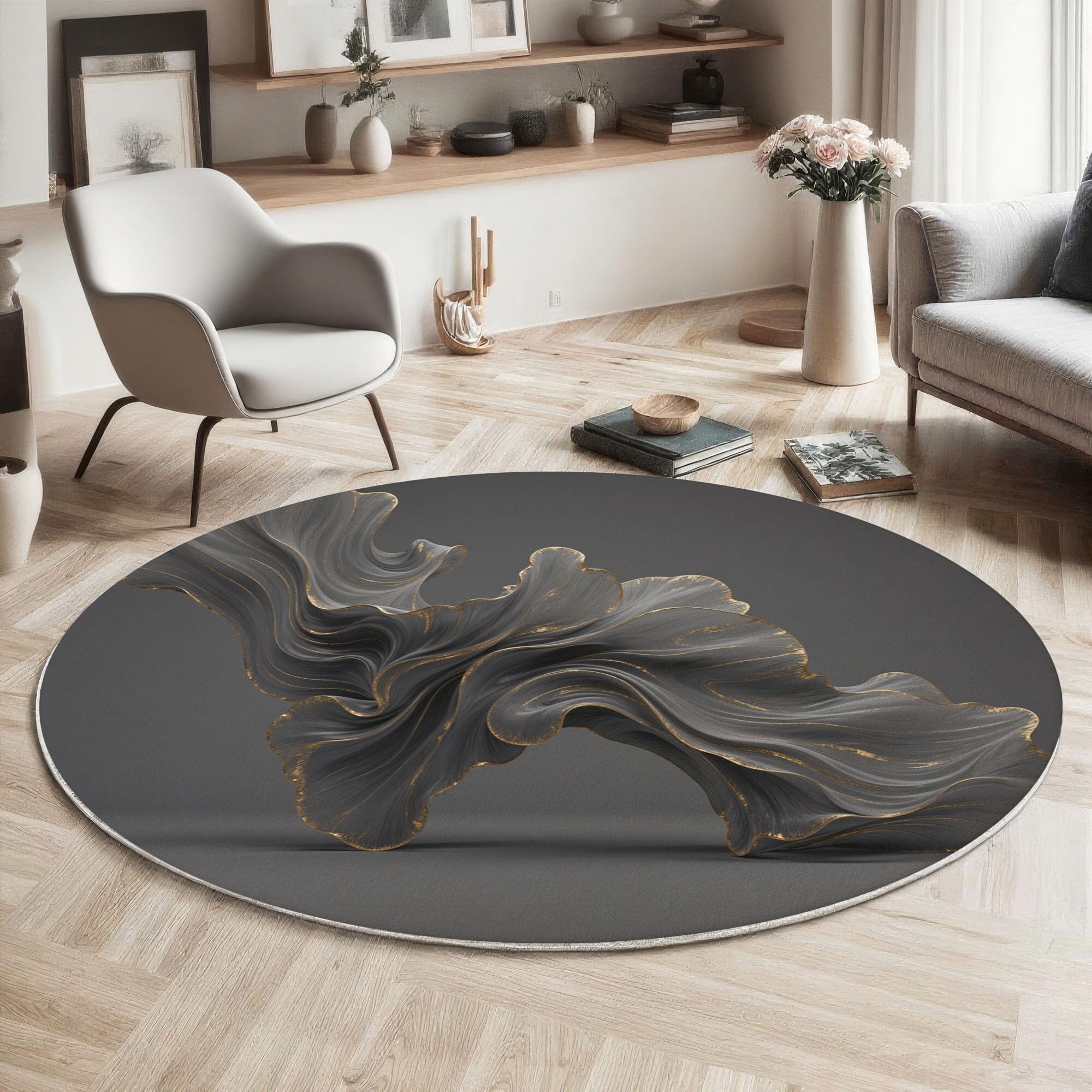 Tapis rond diamètre 60cm gris foncé motif plissé déco cuisine chambre et salon doux