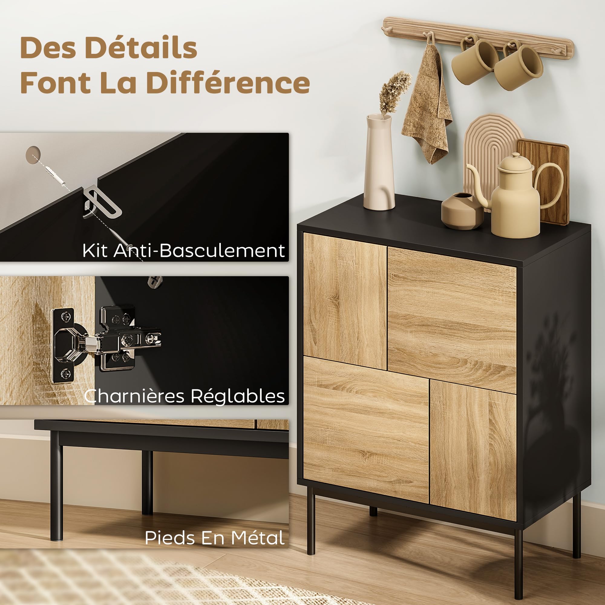 HOMCOM Buffet Salon Meuble Bas 60 x 35 x 78 cm Noir et Effet Bois Naturel | Meuble de Rangement, Armoire de Cuisine, Portes à Pousser, 4 Placards, Style Moderne, Buffet Salle à Manger et Salon