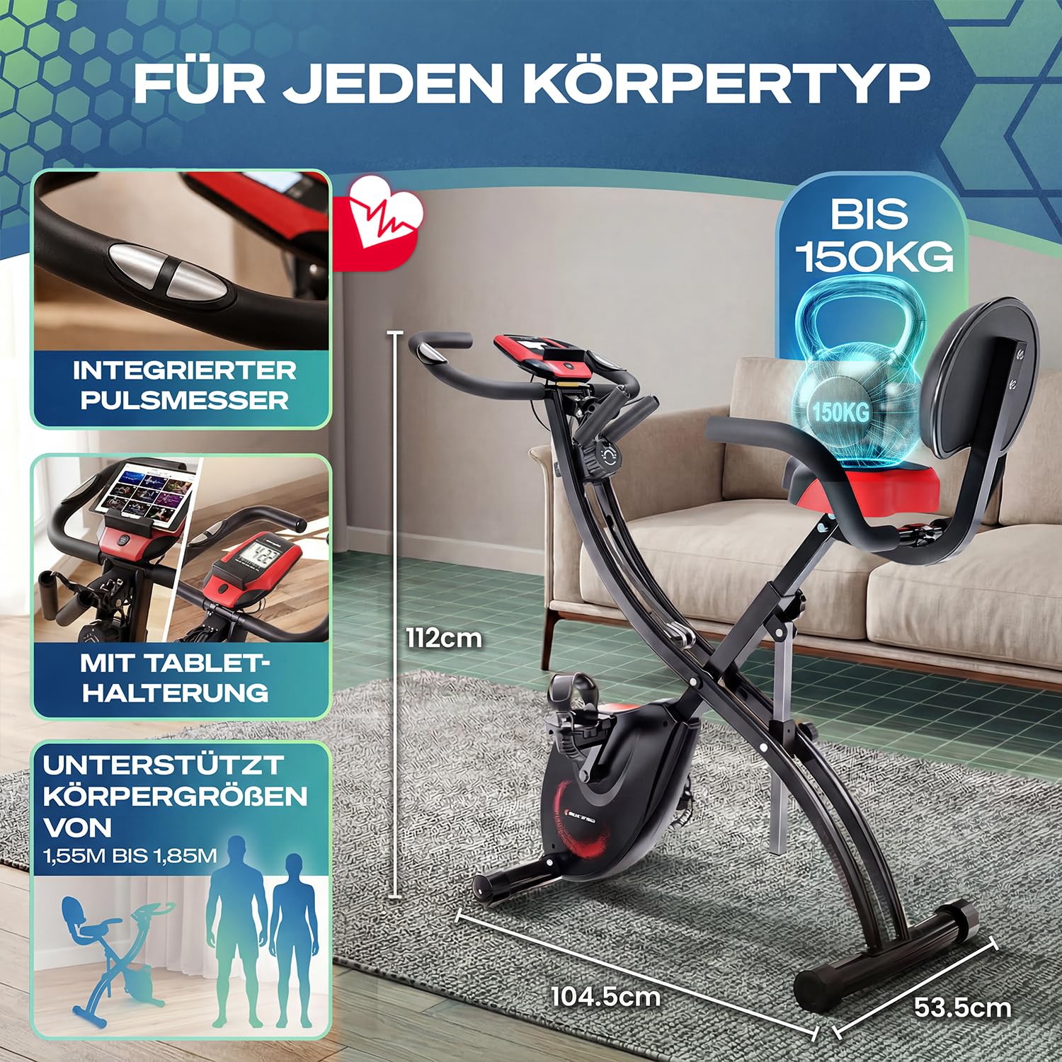 Sportstech Heimtrainer fahrrad Klappbar 3in1, [CurvedX] tiefer Einstieg, bis 150 KG, Ergometer, Hometrainer fahrrad, Ergometer Heimtrainer Senioren, Fitnessbikes, fitnessgeräte für zuhause, X150