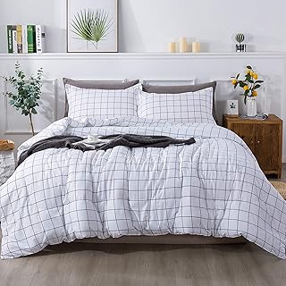 Andency White Grid Comforter Set, 3 Pieces(1 Plaid Comforter and 2 Pillowcases) Microfiber Down Alternative Bedding Set, Full(79x90Inch)