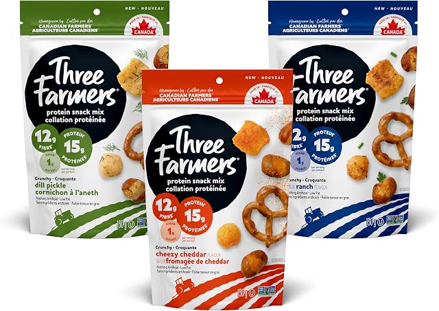 Three Farmers Protein Snack Mix, 15g Protein, 12g Fibre – Crunchy Roasted Fava, Pea Puffs & Pretzels Healthy Party Mix in Dill Pickle, Cheezy Cheddar & Ranch Flavours, Low Fat, Non-GMO – 150g x 3