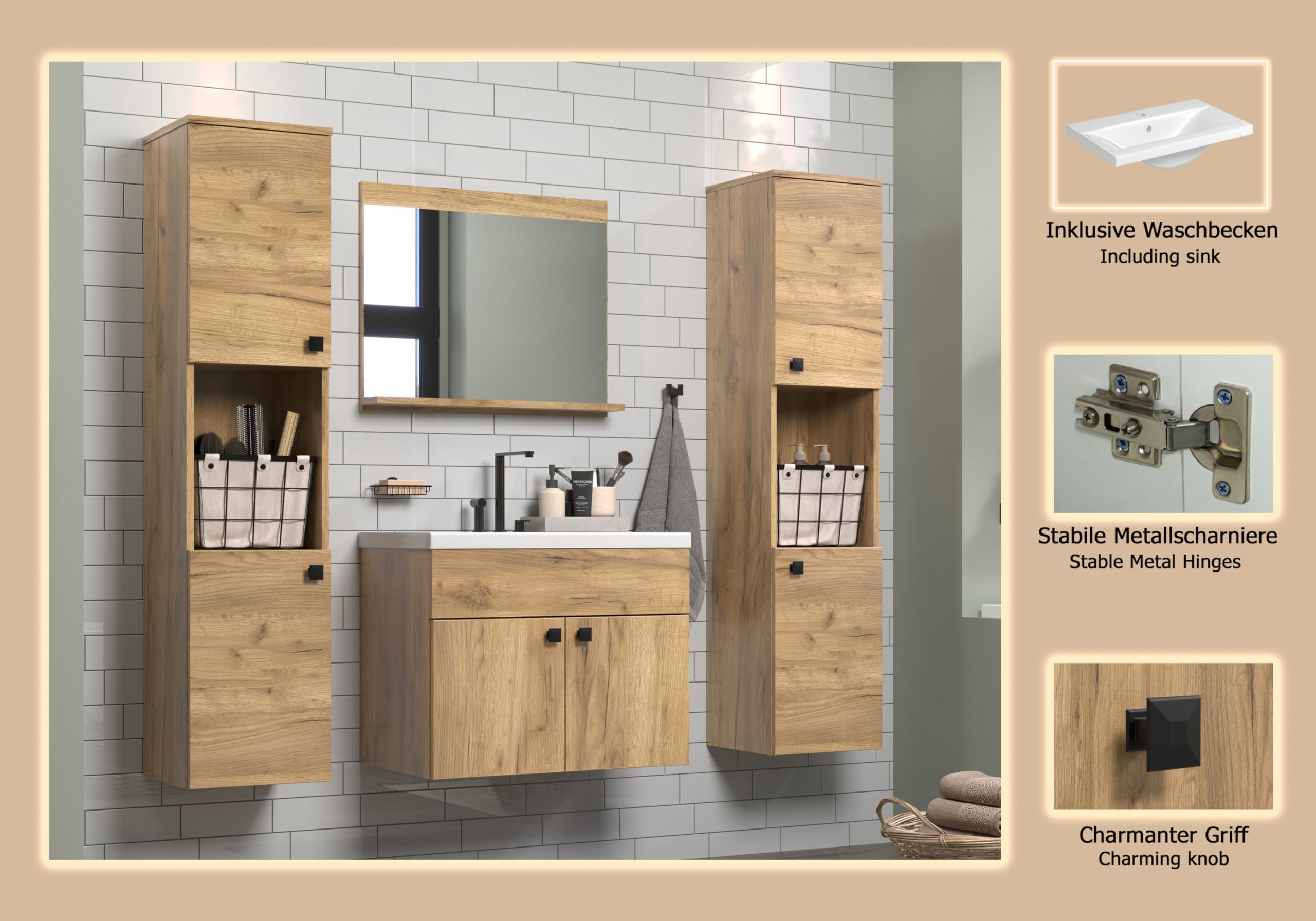 trendteam smart living - Haven - zestaw mebli łazienkowych - dąb - (szer. x wys. x gł.) 142 x 133 x 40 cm - wisząca szafka pod umywalkę wraz z ceramiczną umywalką wkładaną 2 wysokie szafki 1 lustro