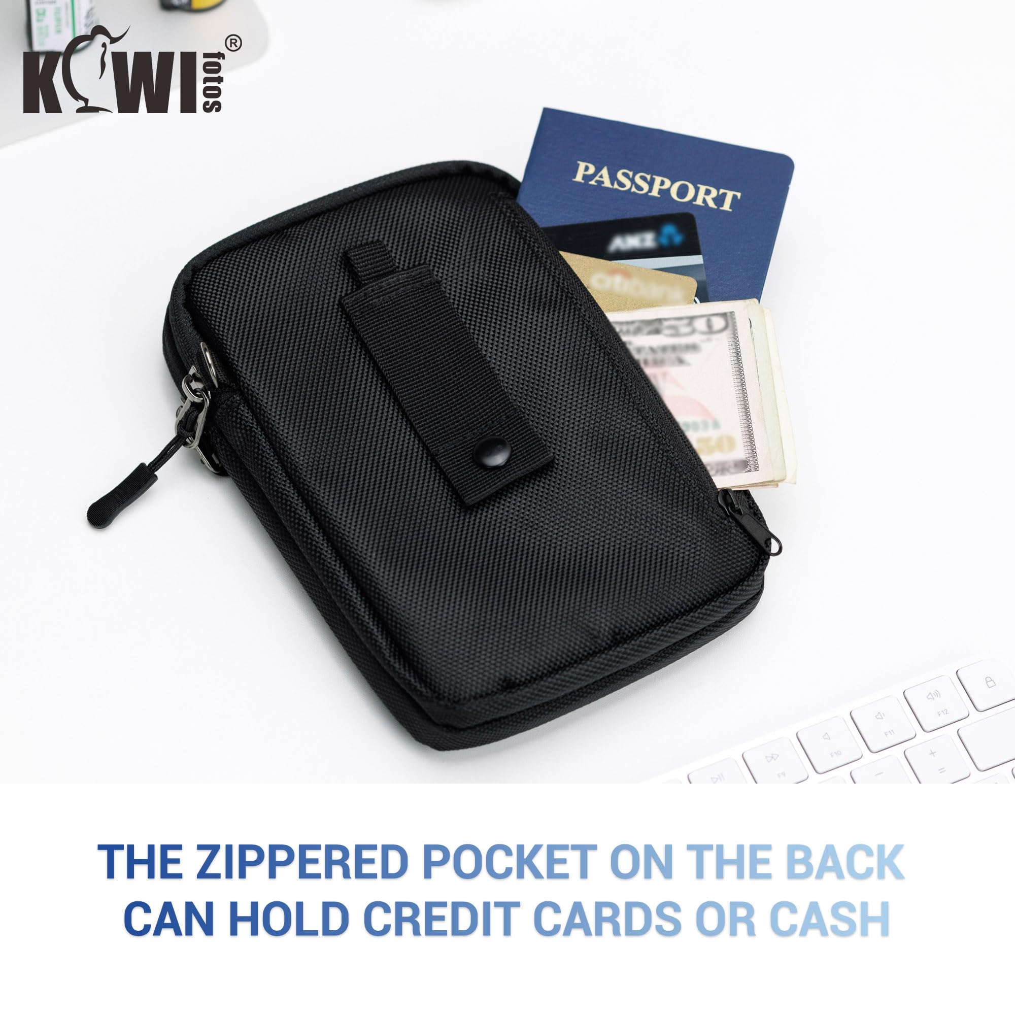KIWIFOTOS Triple teléfono Pasaporte de Viaje Bolsa de Cuello con Correa de Hombro y mosquetón multifunción para Smartphone, Tarjeta, Gran Accesorio de Viaje (Negro)