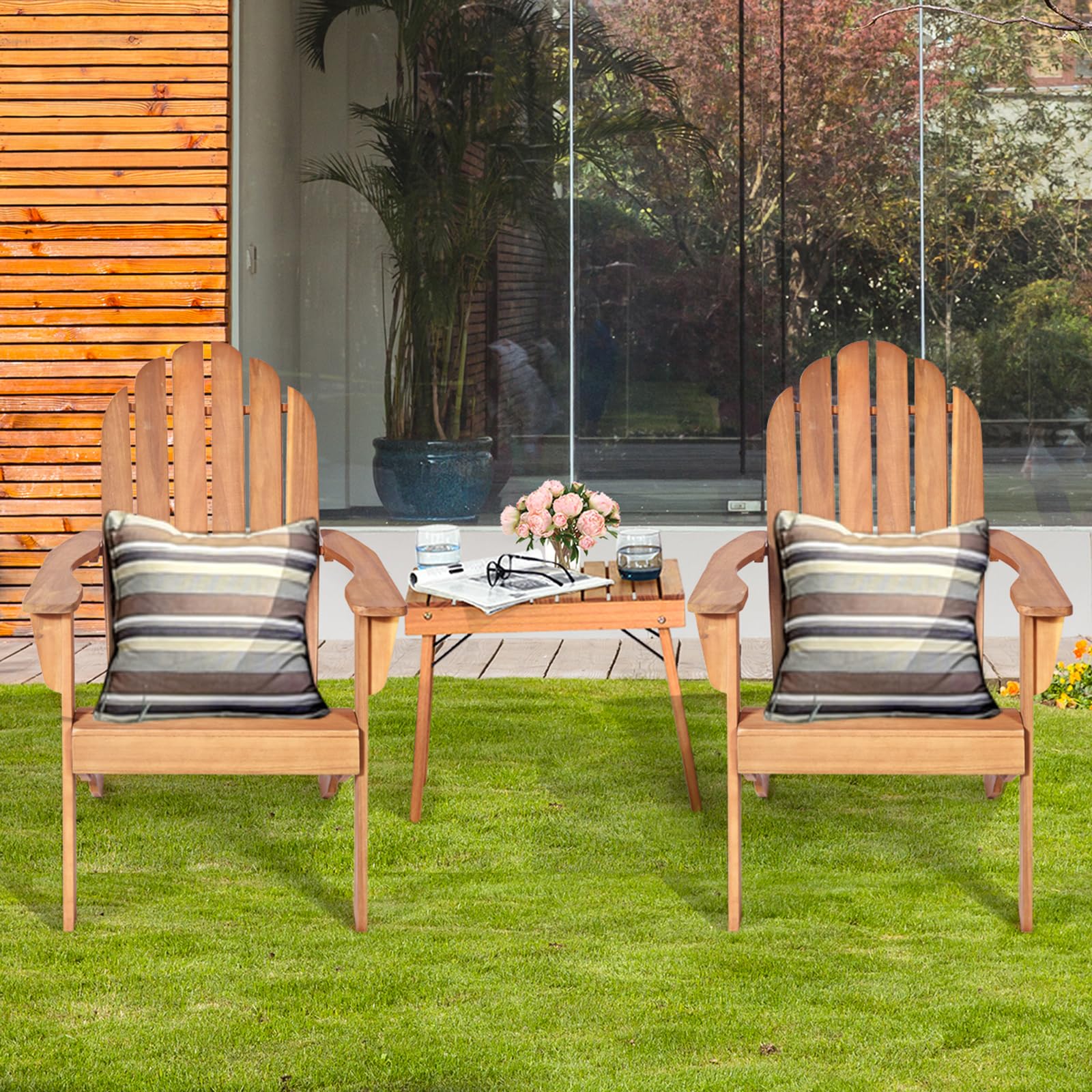 COSTWAY Adirondack-Sedia Giardino in Legno, Poltrona Esterno con Schienale Alta, Sedia a Sdraio Prendisole per Spiaggia Cortile Balcone, Portata 160 kg (Naturale, 69 x 88 x 103 cm)