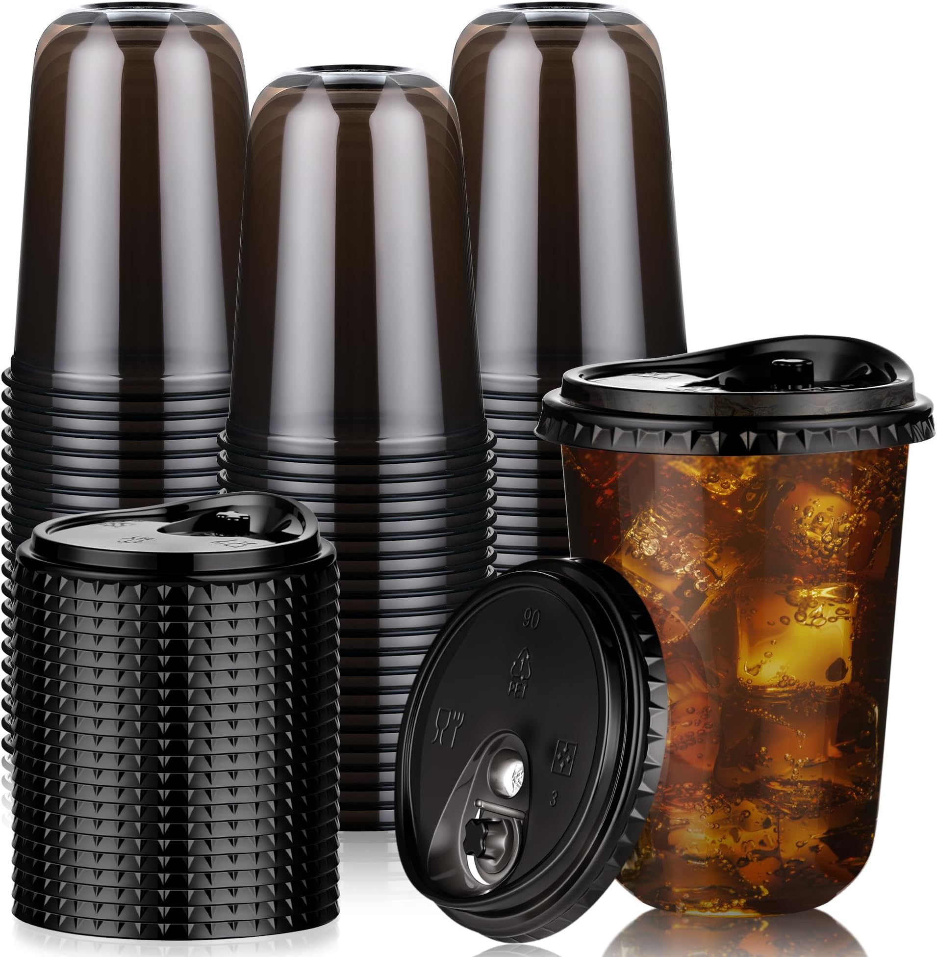 KesaPlan 100 Pack 16oz Black Plastic Cups with Lids, Disposable Round Bottom ...