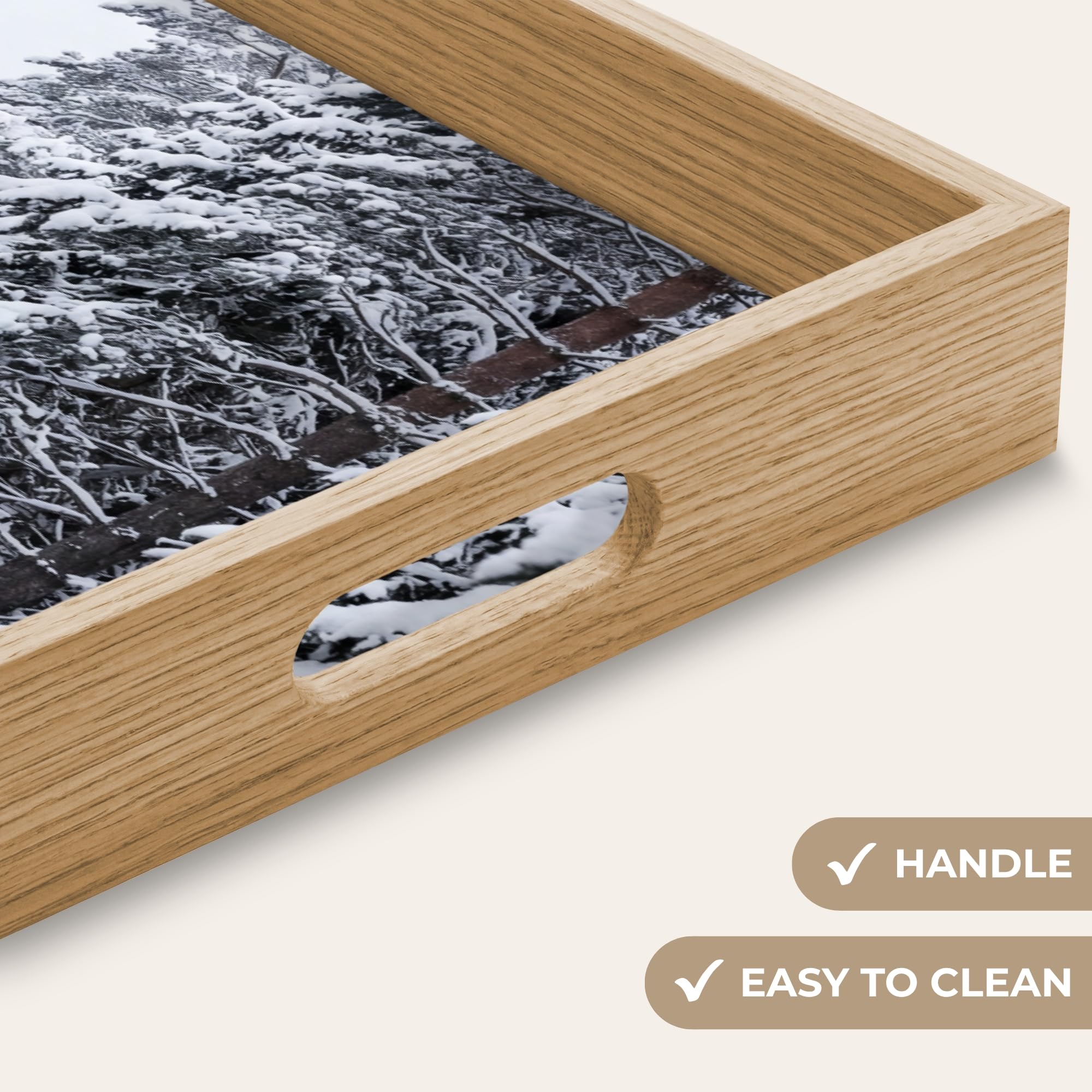 Tablett Rechteckig 50x35 cm Serviertablett rutschfest Griff Küchentablett Servierplatte Eiche Holztablett Henkel Hitzebeständig Wald - Winter - Schnee - Weg - Natur