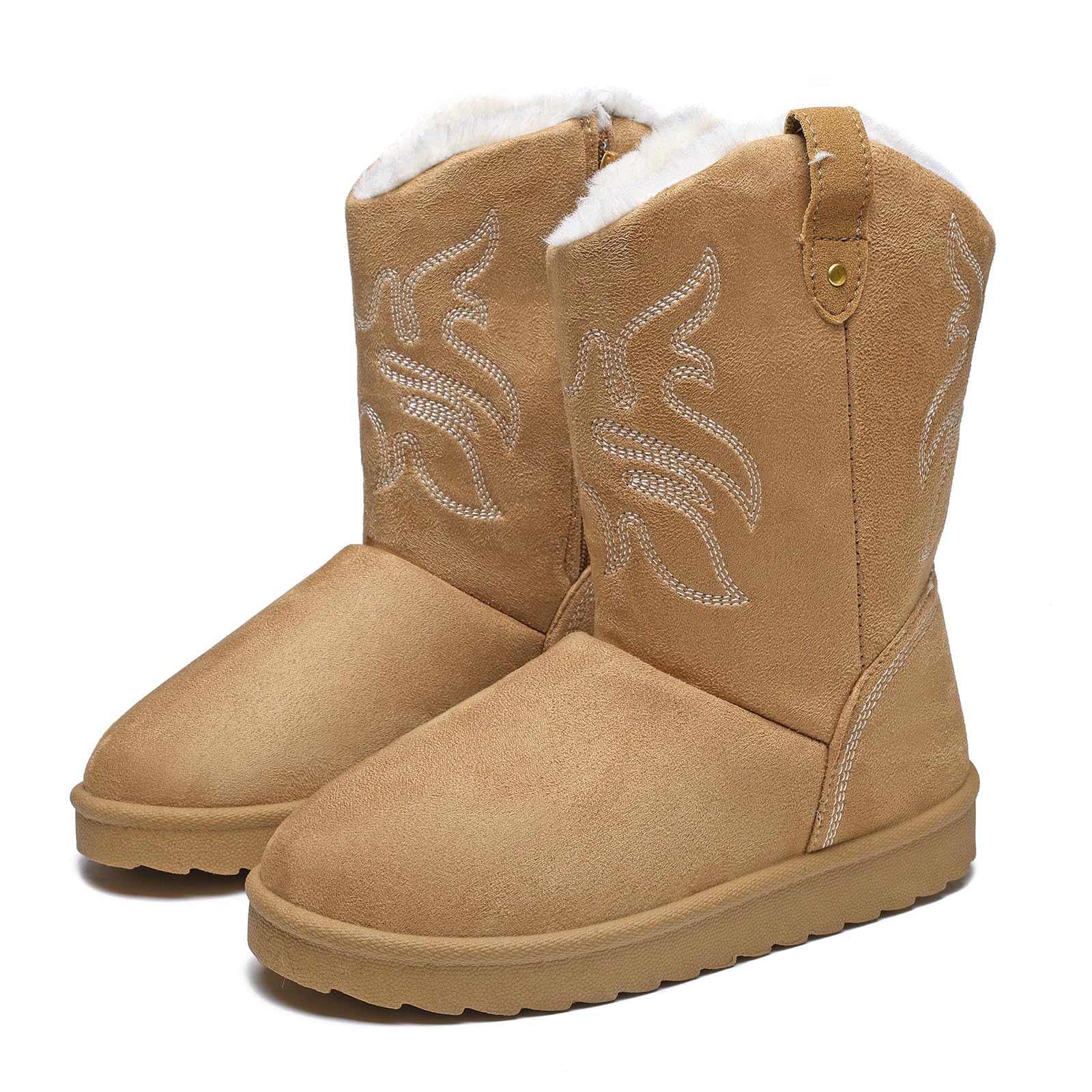ZEENXIUYA Winter Snow Boots for Women Mid Calf Cowboy Boots with Embroidery Stitched Flat Fashion Boot with Warm