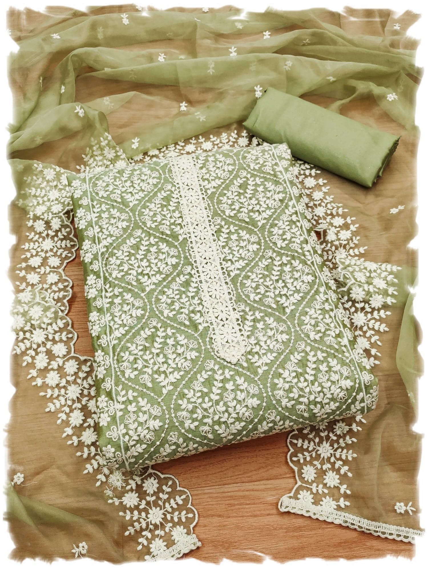 Pandadi SareeWomen's Cotton Chanderi with Embroidery Work Dress Material