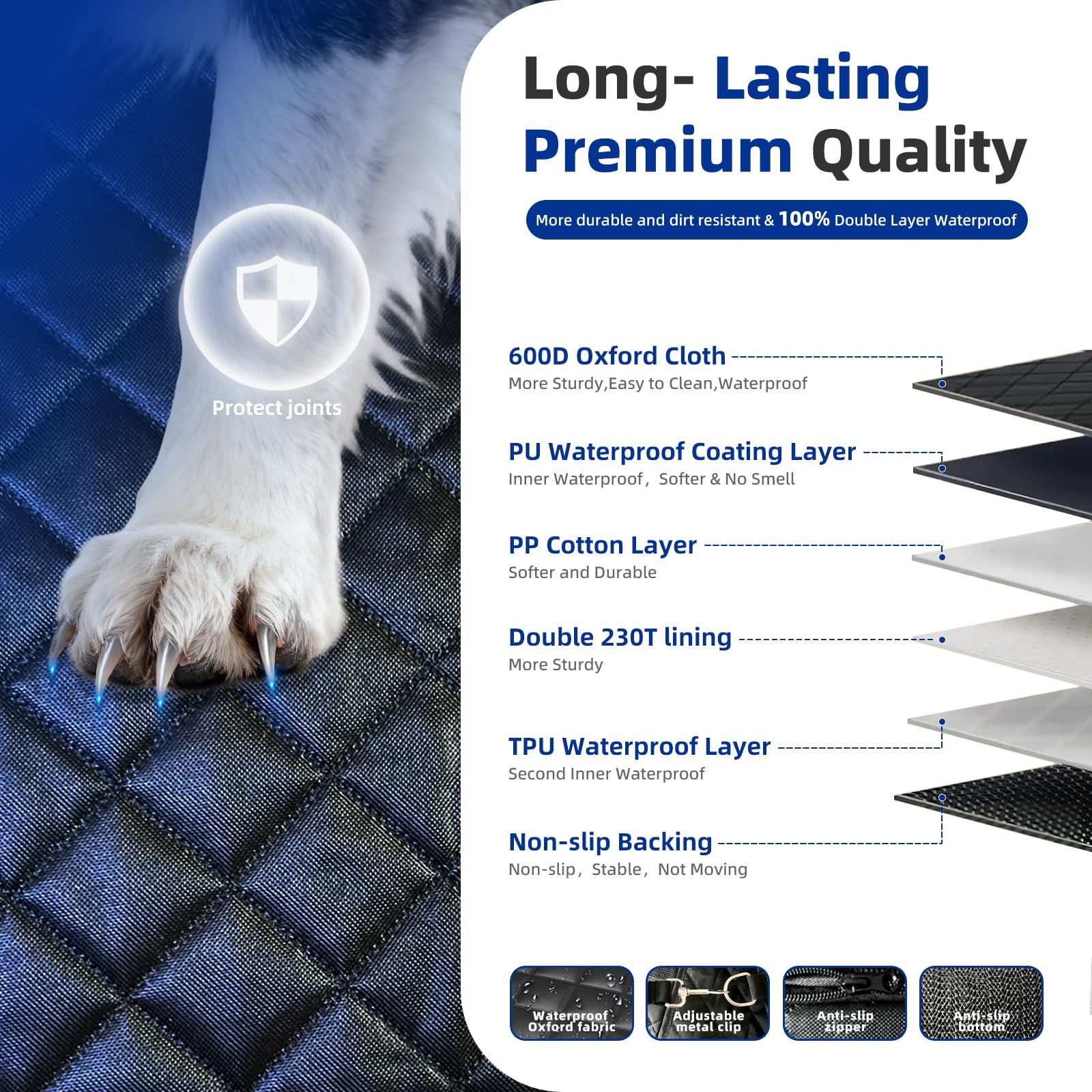 Dog Car Seat Cover for Back Seat, Waterproof Heavy Duty Wear-Resistant Dog Seat Cover, Non-Slip Dog Hammock & Bench Style with Alloy Clips for Cars SUVs Trucks, Medium & Large Dogs - image 7