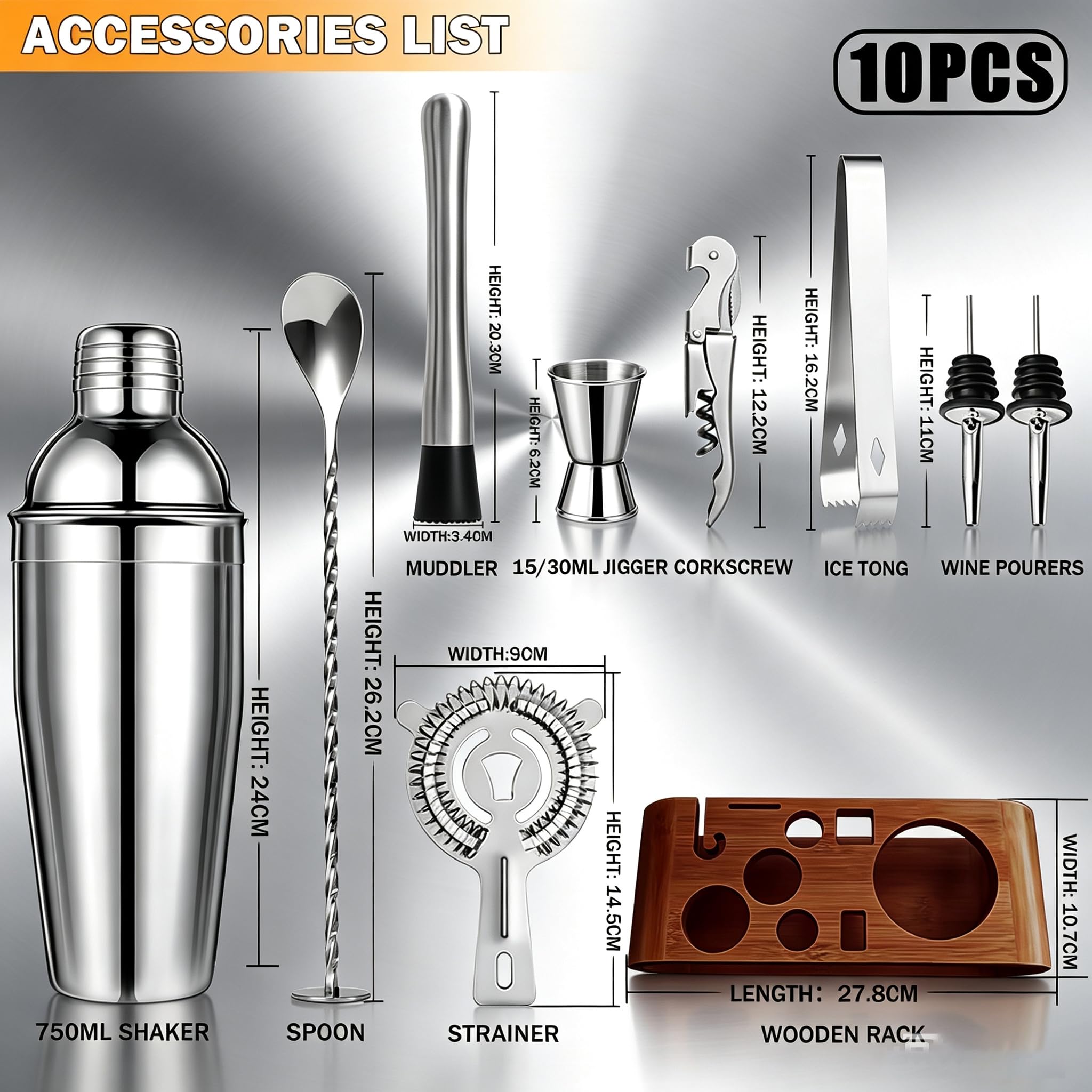 Cocktail Shaker con Supporto &Ricettario, Kit Barman Professionale da 750ml, Acciaio di Qualità Premium da 10pc per Regali per Uomini, Donne, Amanti dei Cocktail, Set da Barista per Feste da Bar
