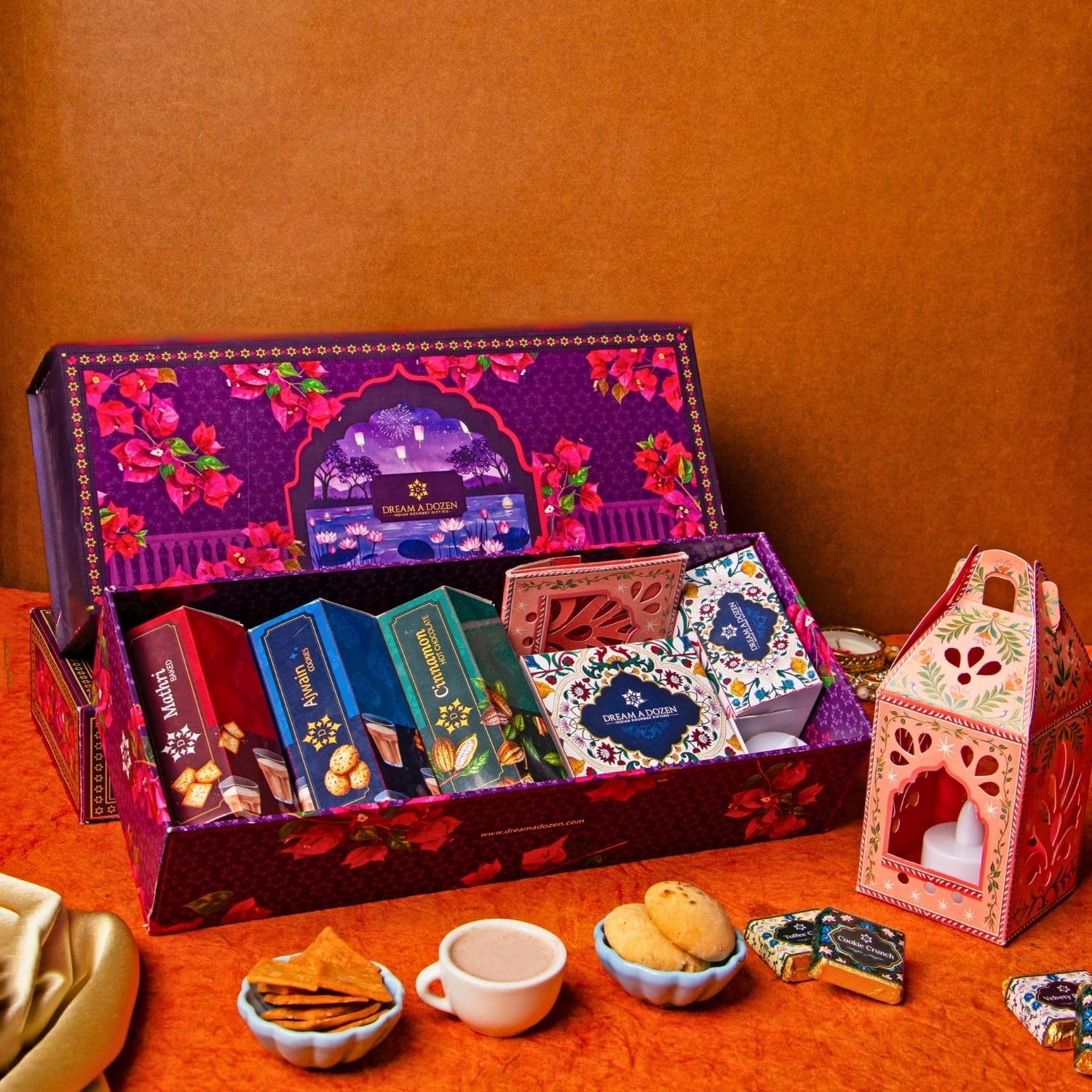Dream a Dozen Garden of Delights Gift Hamper | Premium Diwali Gift Box with Ajwain Cookies, Mathri Crackers, Gourmet Chocolates, Hot Chocolate Mix, DIY Lantern, LED Tealight & Greeting Card | Festive Gift Hamper for Employees, Clients, Family & Friends | Indian Snacks and Chocolate Gift Box | Corporate Diwali Gifts-image-28