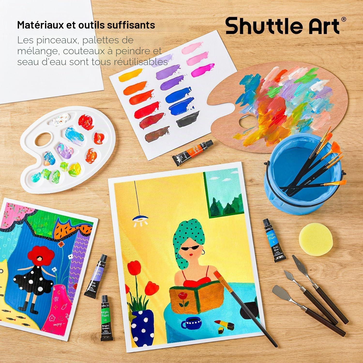Shuttle Art 66 Pièces Kit Peinture Acrylique Tout-En-Un, Chevalet Peinture avec 30 Tubes Peinture Acrylique (12ml), Pinceaux Peinture, Toile Peinture, Kit Peinture Enfant Adultes Professionnel