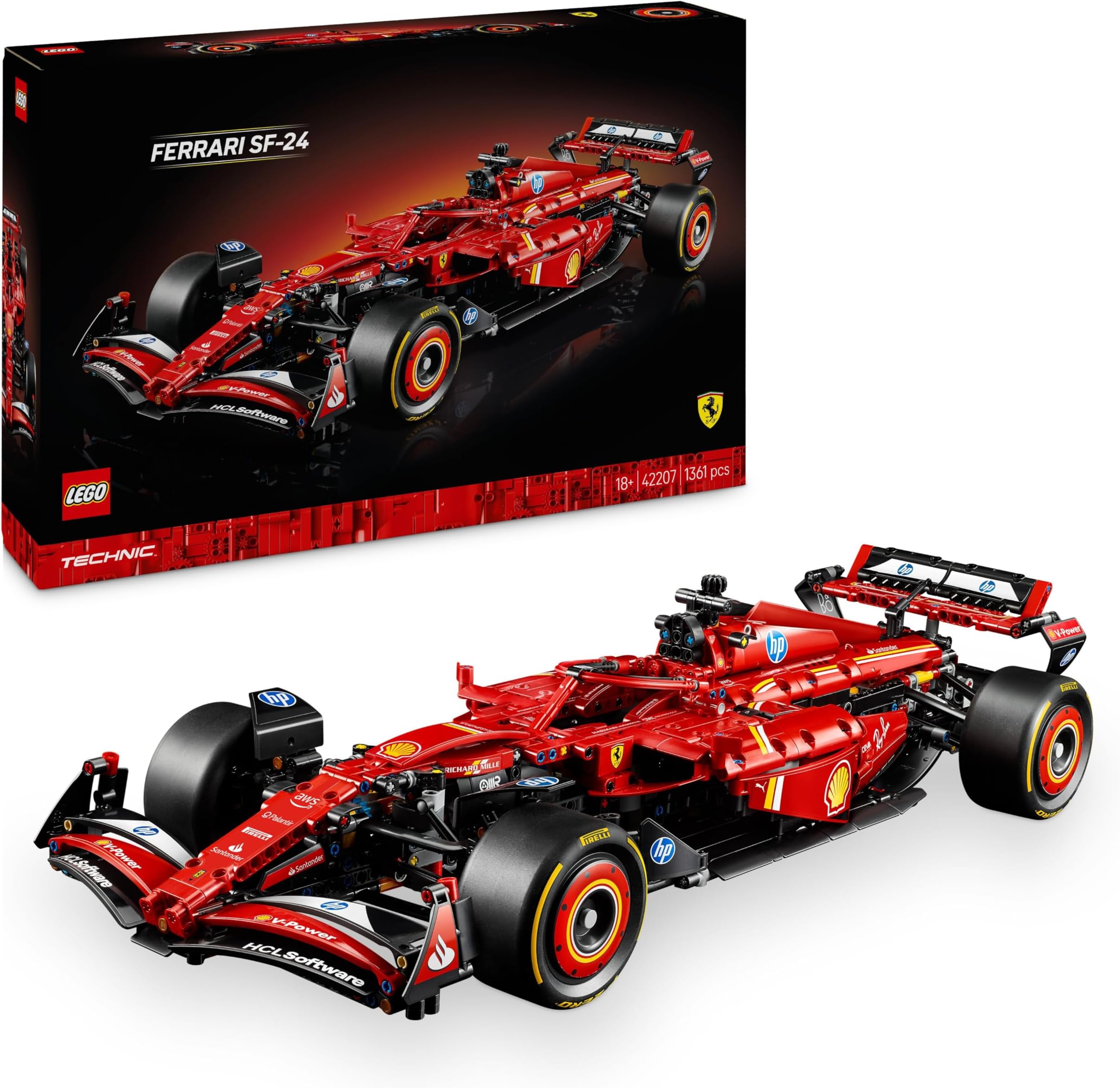Technic Ferrari SF-24 F1 Car Model - Collectible Formula 1 Set with 1:8 Scale V6 Engine, Gear Box, Steering & DRS - Gift Idea for Adult & Teenage Racing Fans 42207
