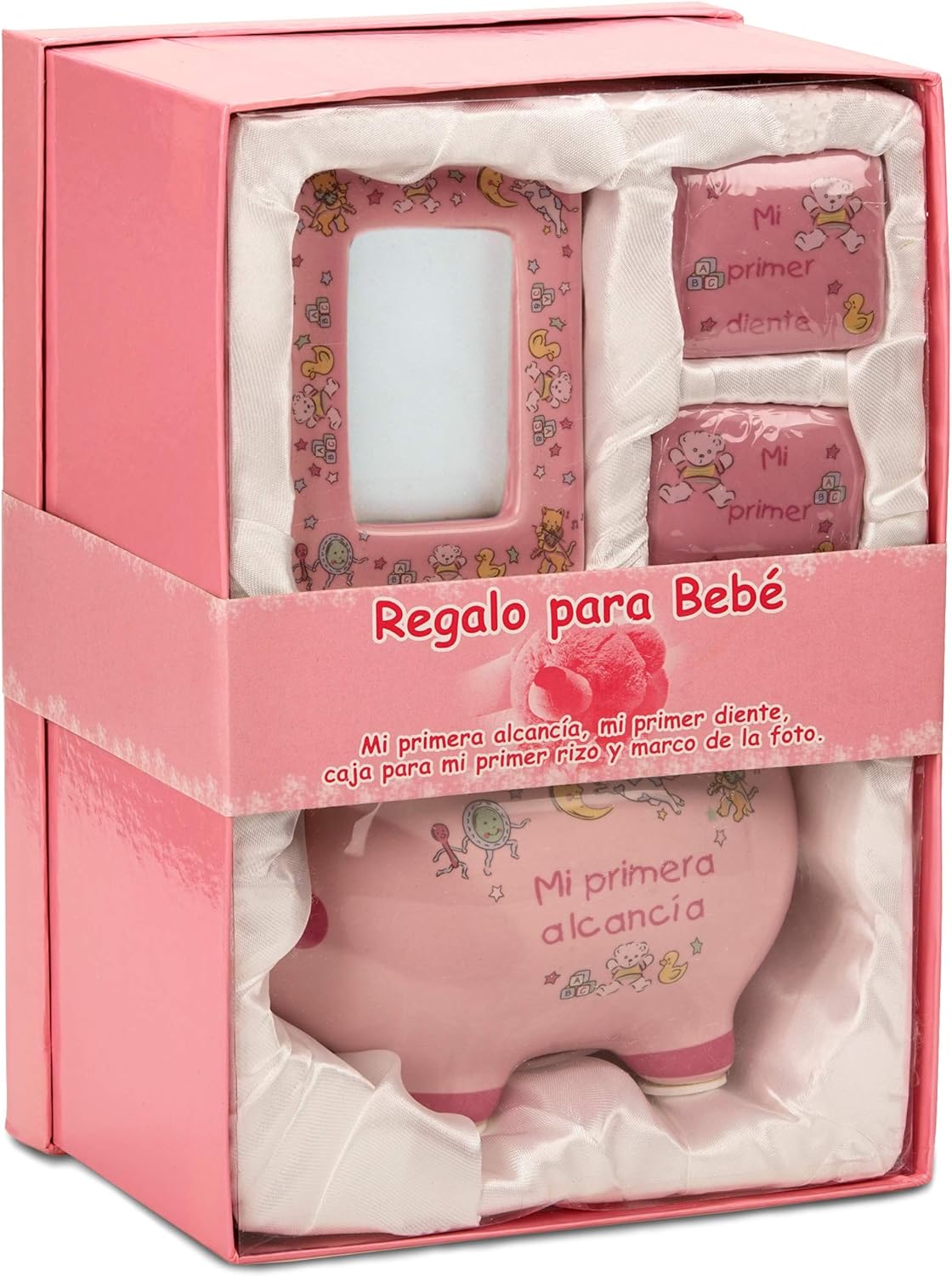 BRUBAKER Mi Primer Juego de Regalo de Hucha para Bebé Niña - 4 Piezas de Recuerdo Incluye Hucha, Primer Rizo, Primer Diente y Marco de Fotos - Rosa - Spanish (Español)