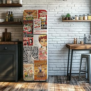 Refrigerator Vintage Cover Skin Peel and Stick Wallpaper Fridge Vinyl Wrap for Living Kitchen Room Decor, Vintage Beer Poster