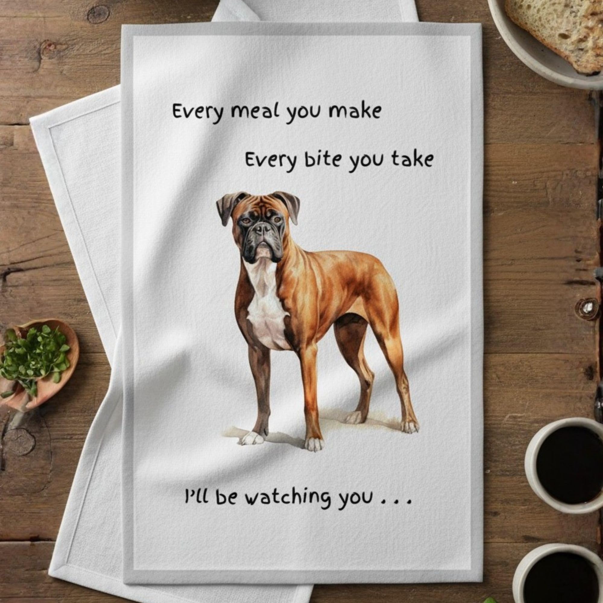 Animal Crackers Dog lover novelty Tea Towel, with Dog Breed image and 'Watching you' funny wording, quality cotton, 66cm, machine washable (Boxer, White)