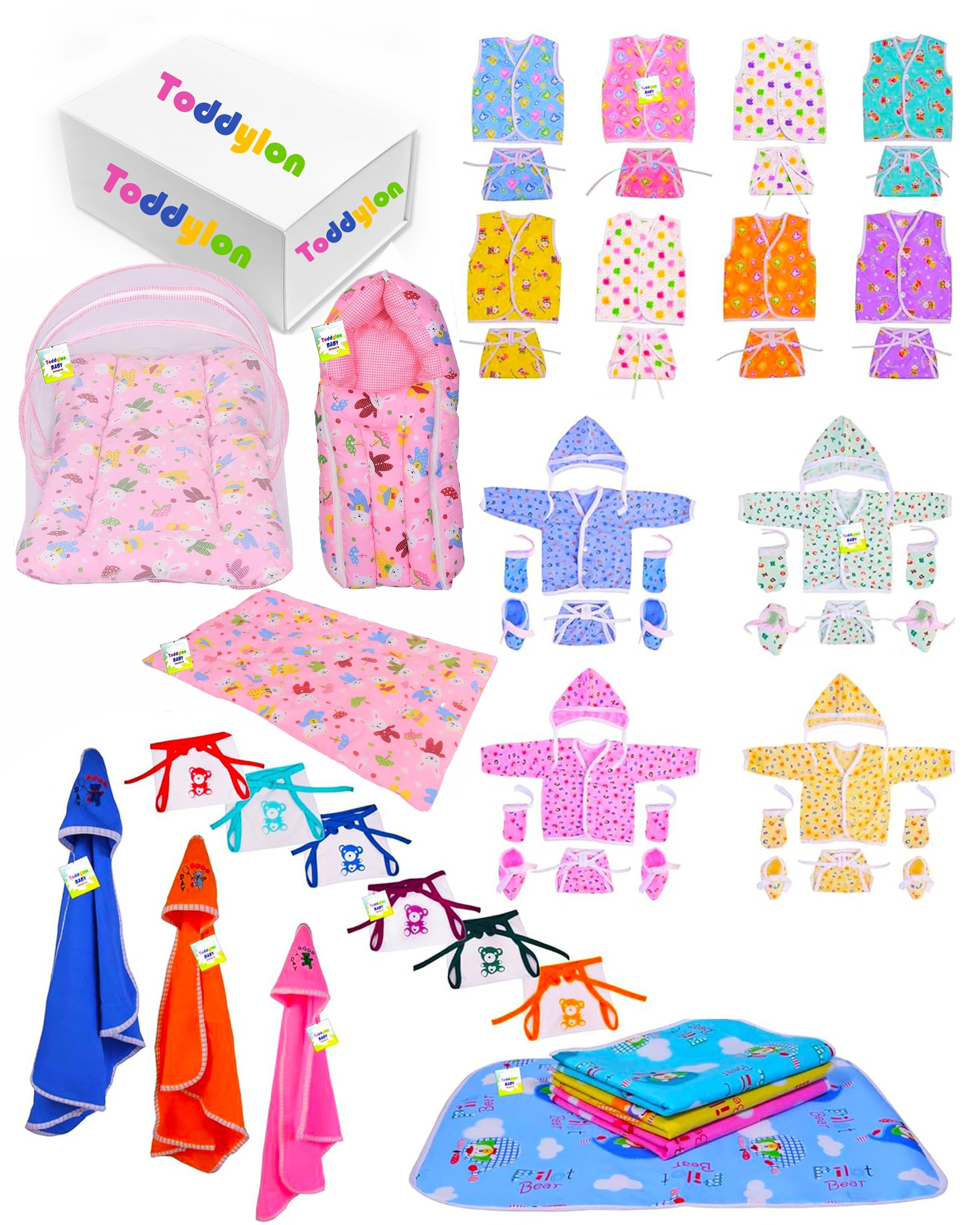 Toddylon 56 in 1 Baby Gift Packs New Born Baby Products All Combo | Gift Set | Maternity Kit | Baby Shower | Baby Clothes | Baby Bedding | Essentials Items (0-6 Months, Multicolor)