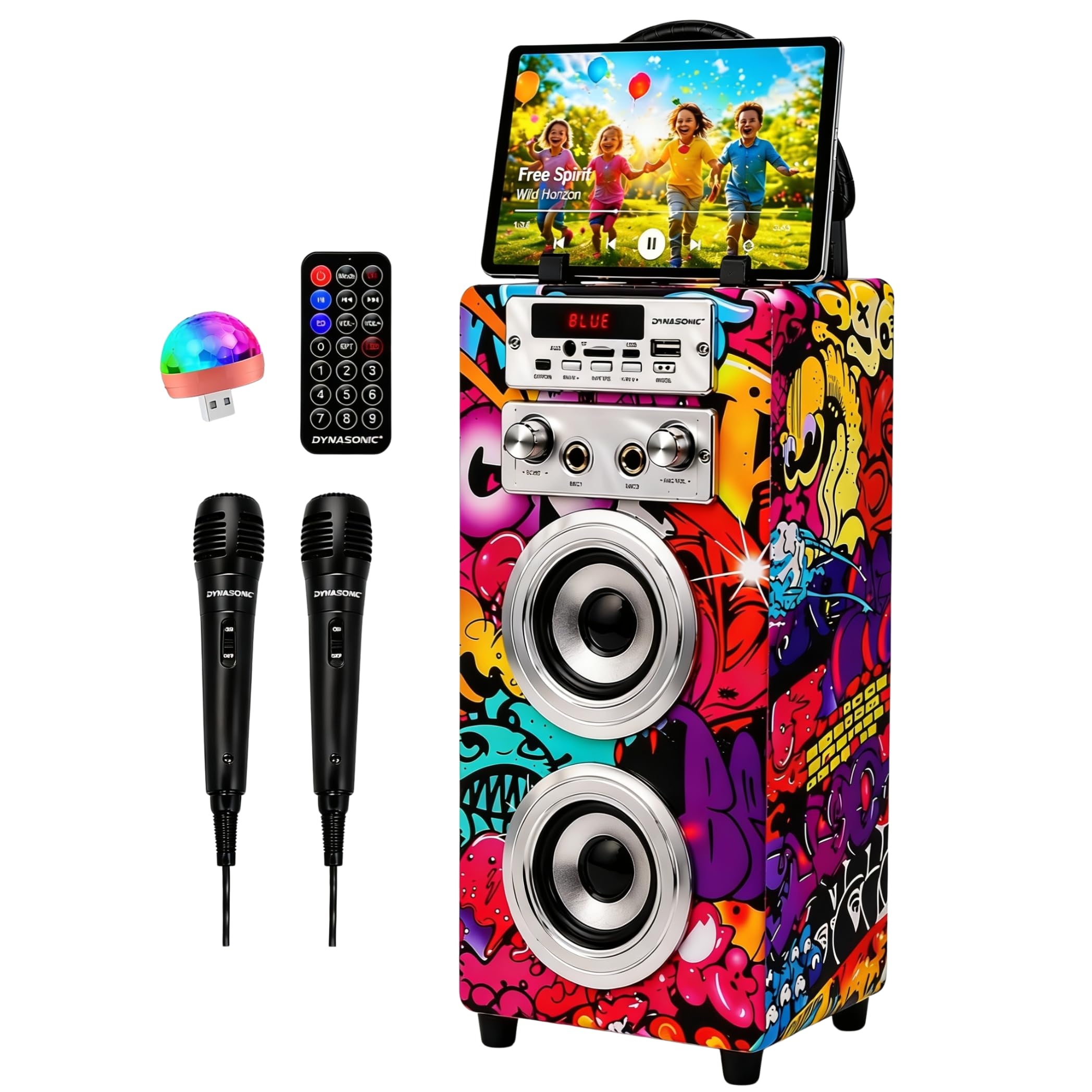 DYNASONIC Macchina Karaoke Portatile Bluetooth con 2 Microfoni, Altoparlante con Luci, Lettore USB e SD, Design Unico ed Esclusivo (025-12 Lights)