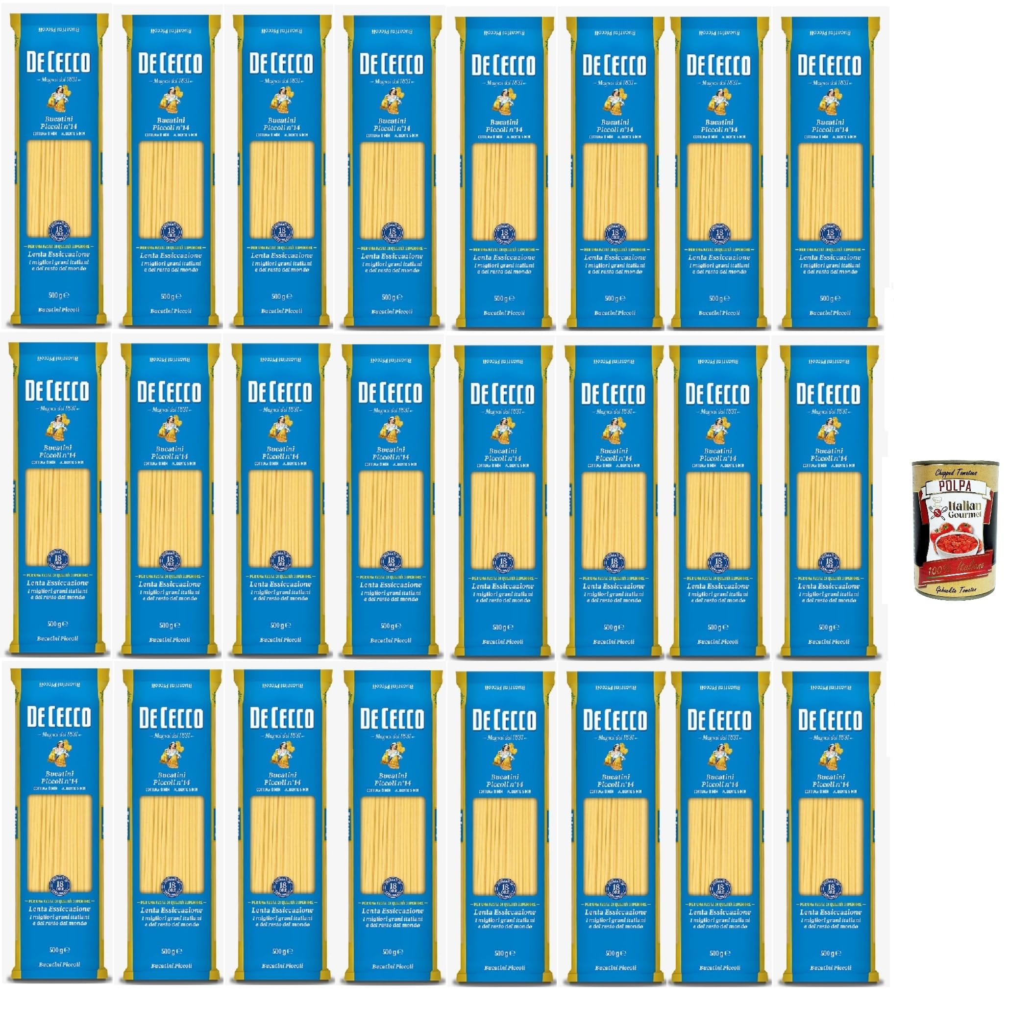 Italian Gourmet Bucatini Piccoli Nr.14 Pasta Semola Hartweizen 24 x 500g | Essiccazione lenta e trafilatura curata; 8 Min. Kochzeit, al dente 6 Min., Gesamtnettogewicht 12 kg + Kostenlos Polpa 400g