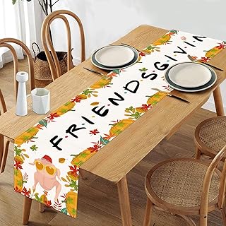 Friendsgiving Table Runner Friendsgiving Tablecloth 13x72in Long Linen Fall Turkey Maple Leaves Pumpkin Friends Giving Runners for Indoor Outdoor Home Happy Thanksgiving Party Table Decorations ﻿