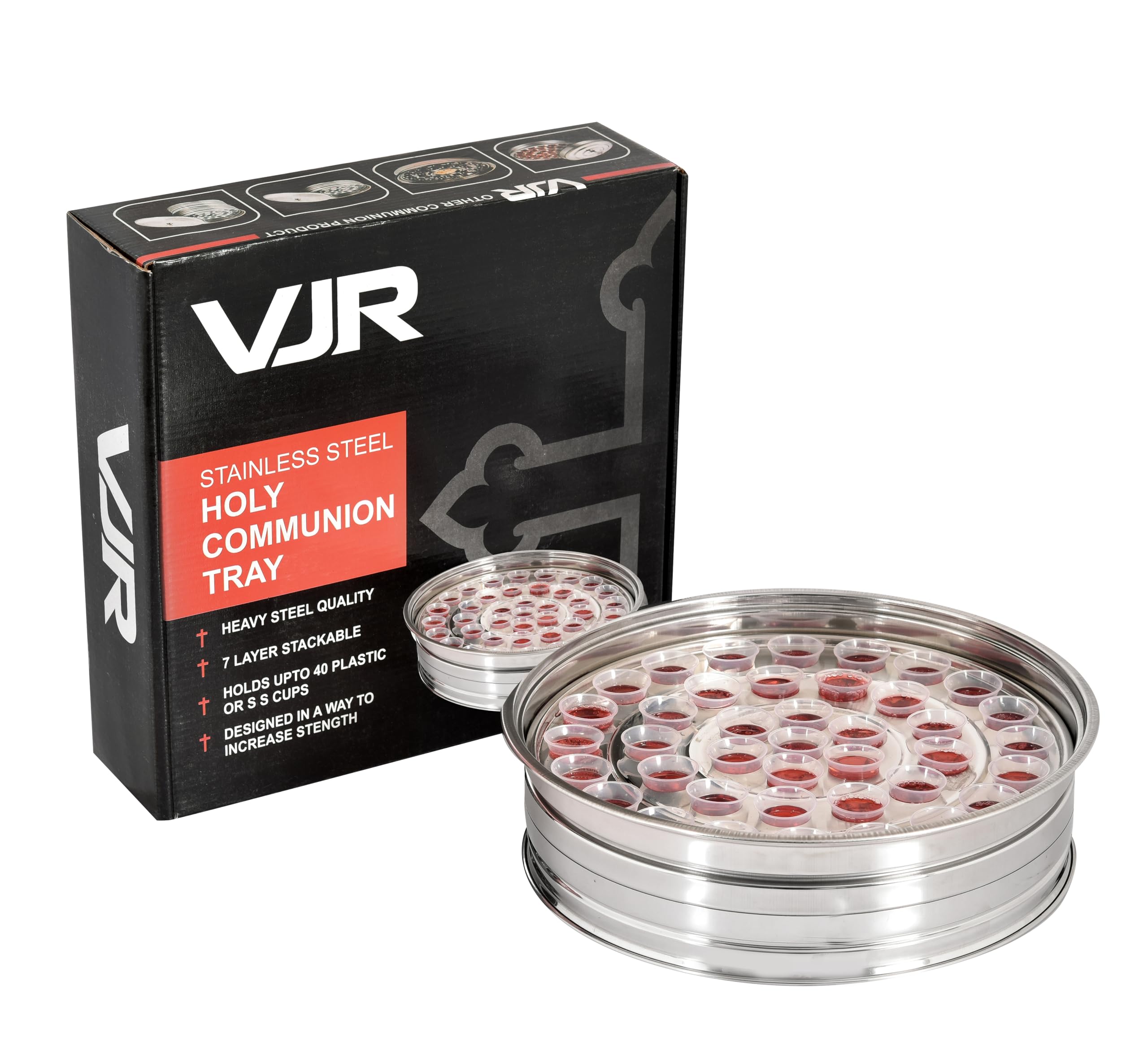 VJR Plateau De Communion Avec Couvercle - Acier Inoxydable Argenté, Petit Modèle, 40 Gobelets Inclus - Fournitures Église