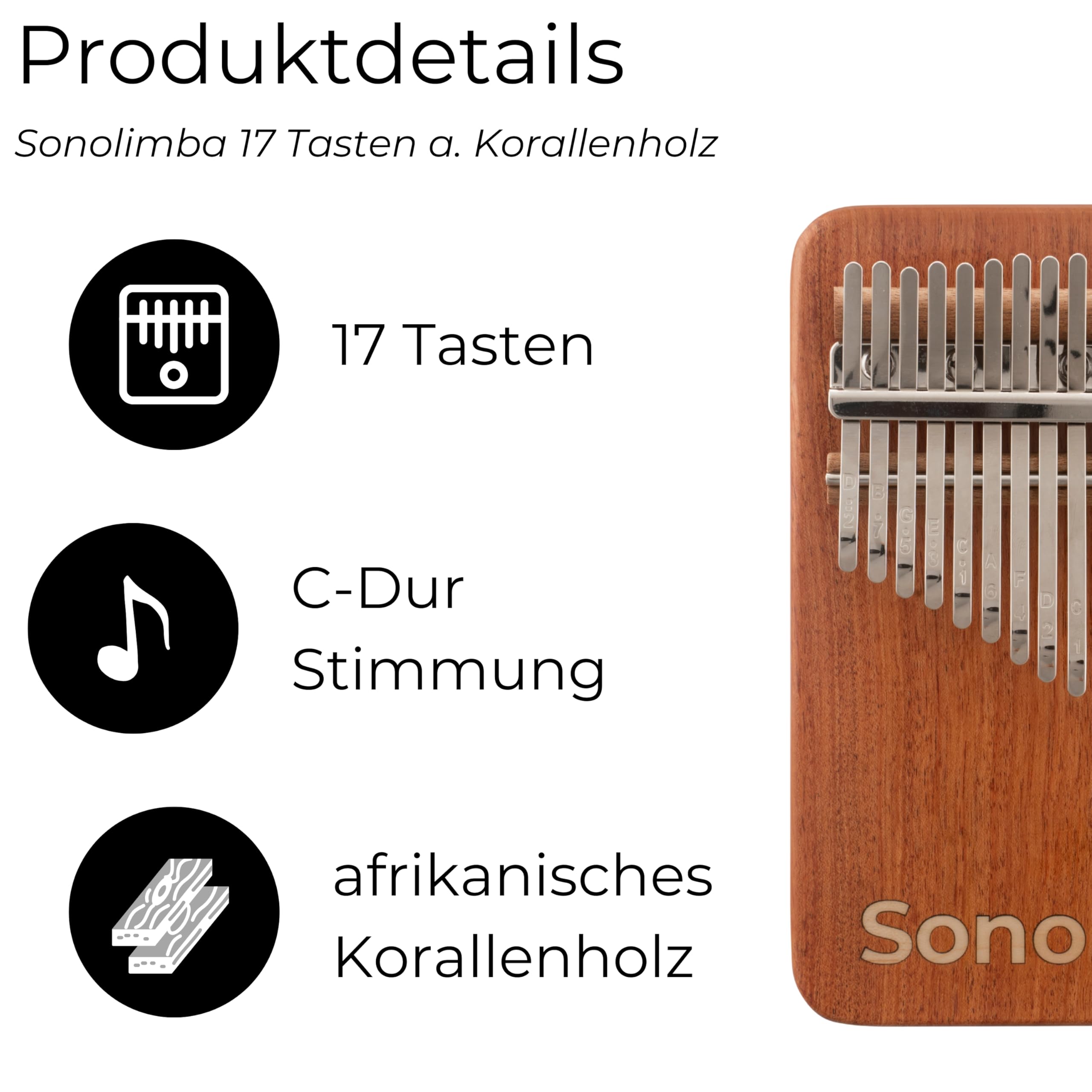 Kalimba "Sonolimba" mit 17 Schlüsseln in C - Dur aus Korallenholz. Daumenklavier inkl. Set mit Liederbuch, Schutztasche, Stimmhammer und weiteres. Kalimba Instrument für Kinder und Erwachsene