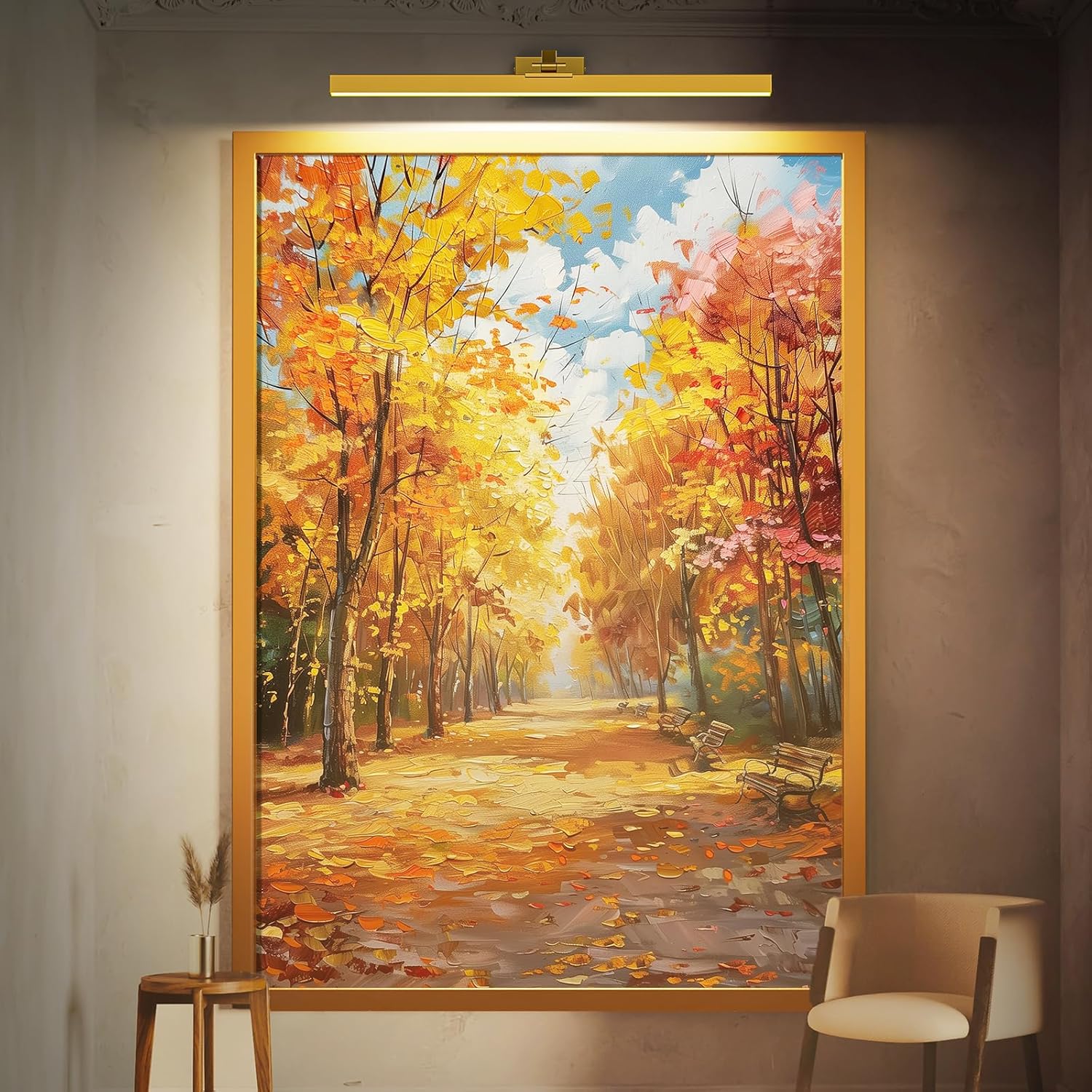 Size Medium Color Gold Picture Lights for Wall, Battery Operated Picture Light 24in Gallery Light for Paintings CCT Dimmable Recharging Battery Wall Light with Remote Control for Living Room Gallery Dartboard