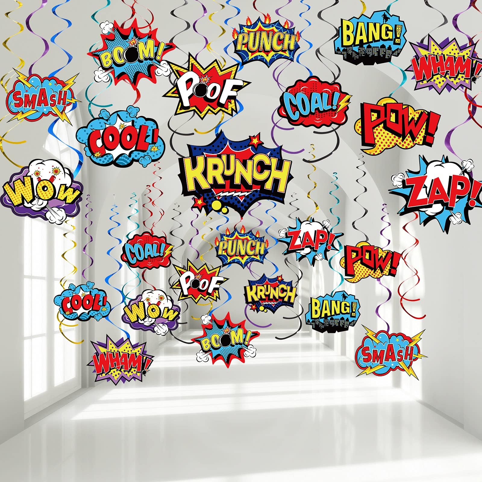โ Sumind 30 Pieces Hero Theme Party Decorations, Fun Theme Sign Cutouts Foil Ceiling Hanging Swirls Streamers for Kids & Adults Birthday Celebrating Baby Shower Party Supplies