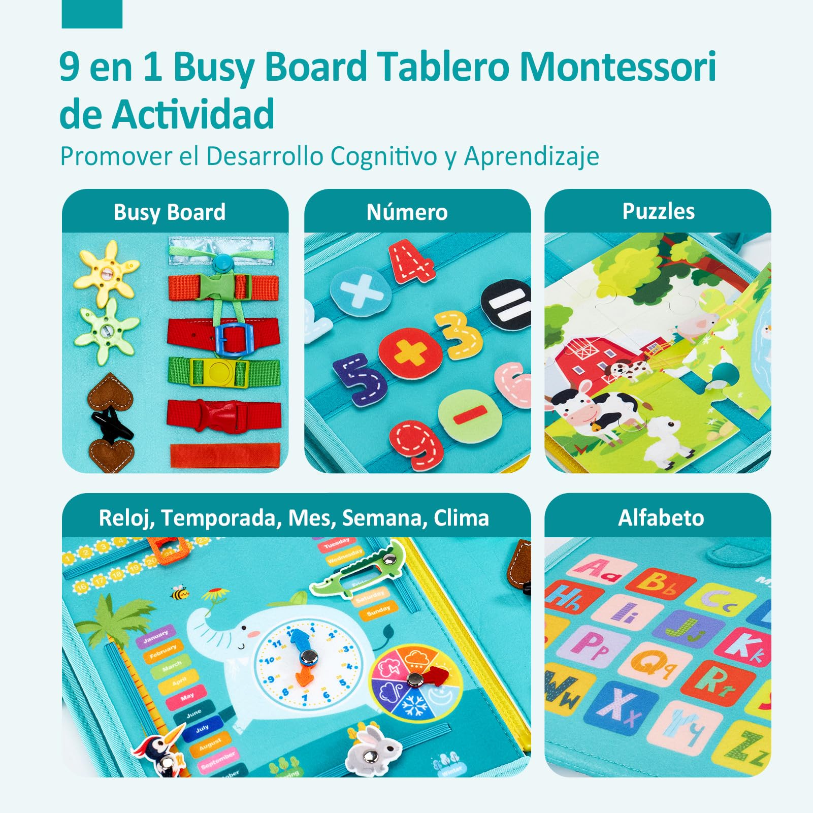 hahaland Busy Board Montessori 2 años - Tablero Sensorial de Actividades Juguetes Montessori para Niños 2 años, Regalos para Niños Cumpleaños 1 2 3 años