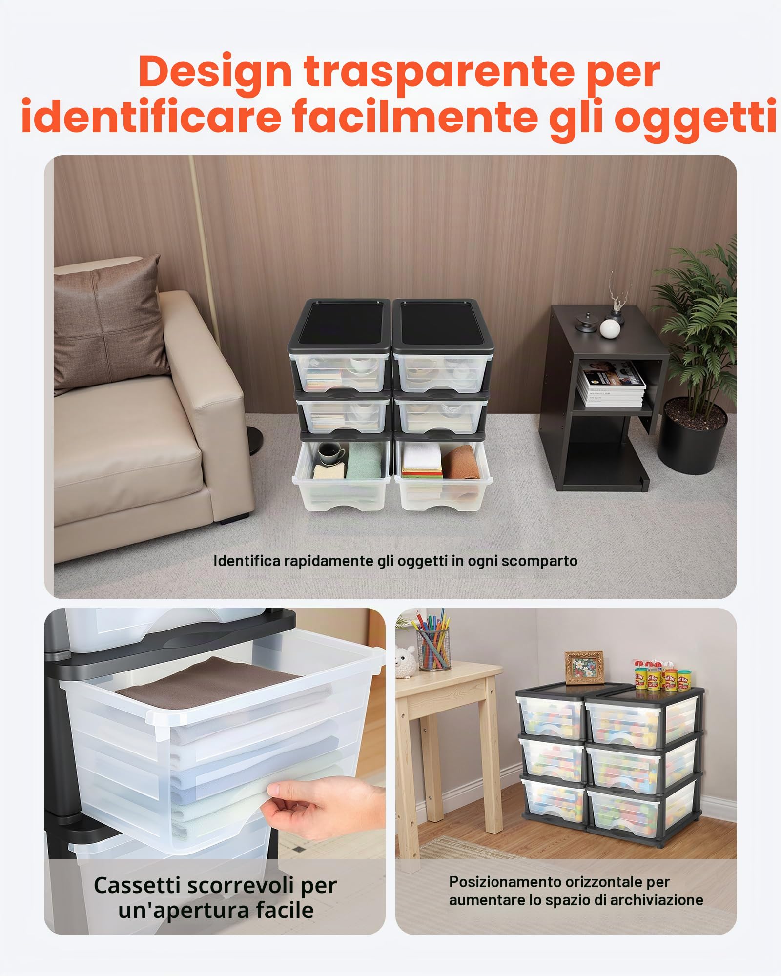 VEVOR Cassetti Portaoggetti in Plastica, Torre Portaoggetti a 6 Cassetti, Scatola per Stoccaggio a 3 Livelli, Contenitori Trasparenti per Forniture per Ufficio, Stanze per hobby, Aule, Casa