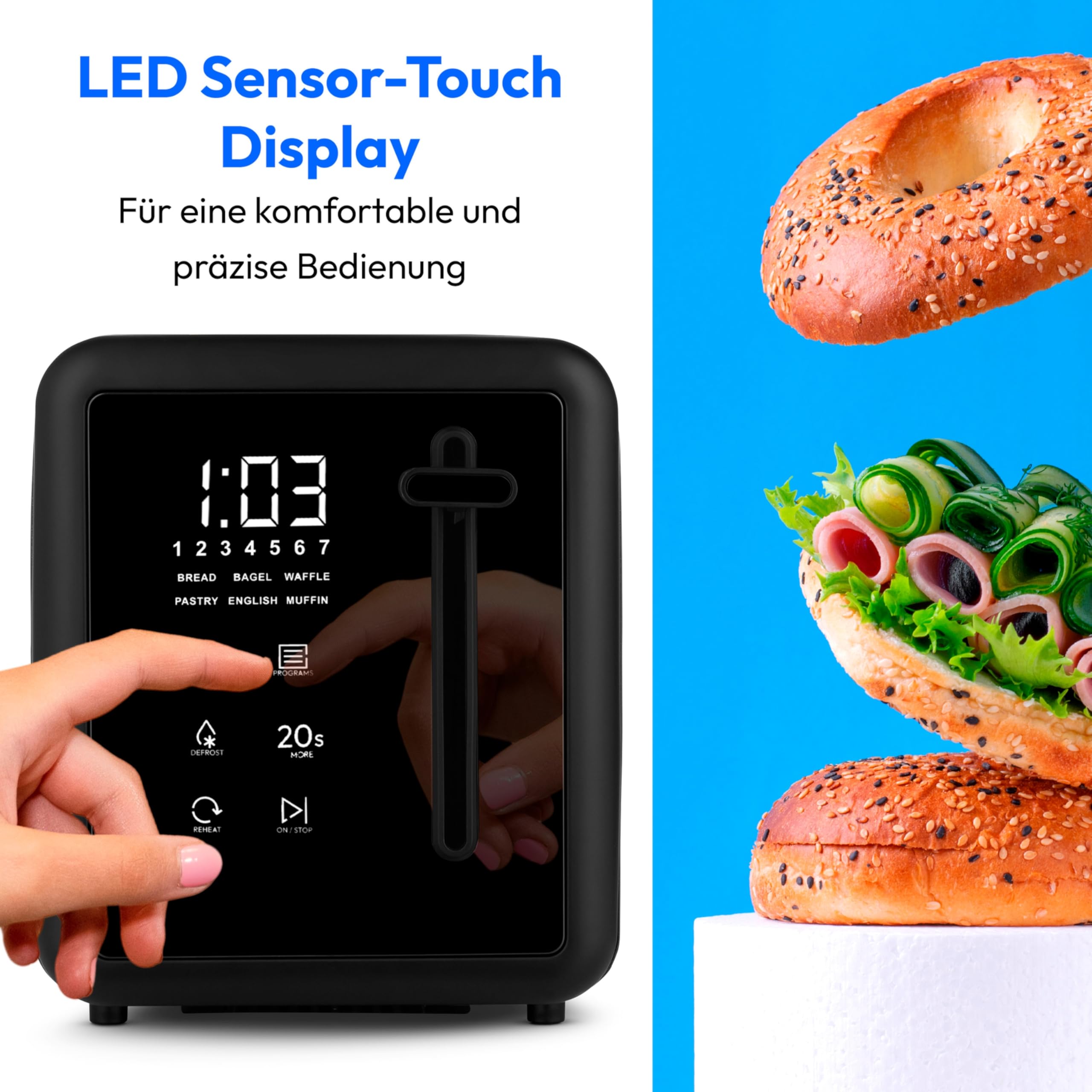 MEDION Toaster 4 Scheiben mit Brötchenaufsatz (7 Bräunungsstufen, 5 Automatikprogramme, 1.450 Watt, 2 lange Toastschlitze, Auftauen, Aufwärmen, Krümelschublade, Edelstahl Matt, MD 12103) schwarz