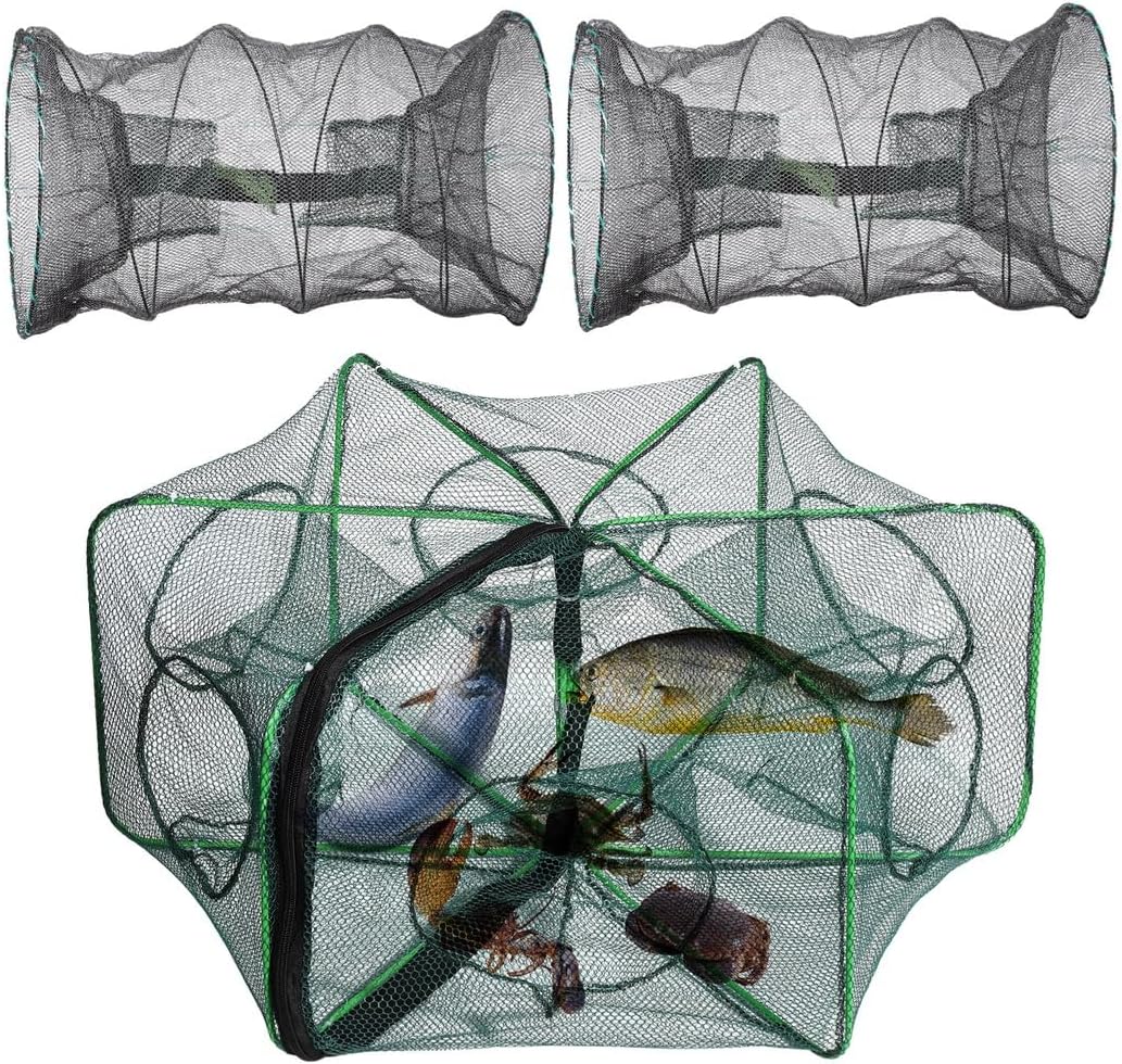 Fishing Bait Traps, 3 Pcs Cylindrical Hexagon Crab Traps Crawfish Fishing Mesh Nets, Fishing Net Traps, Lobster Shrimp Net Traps, Portable Folded Fishing Accessories