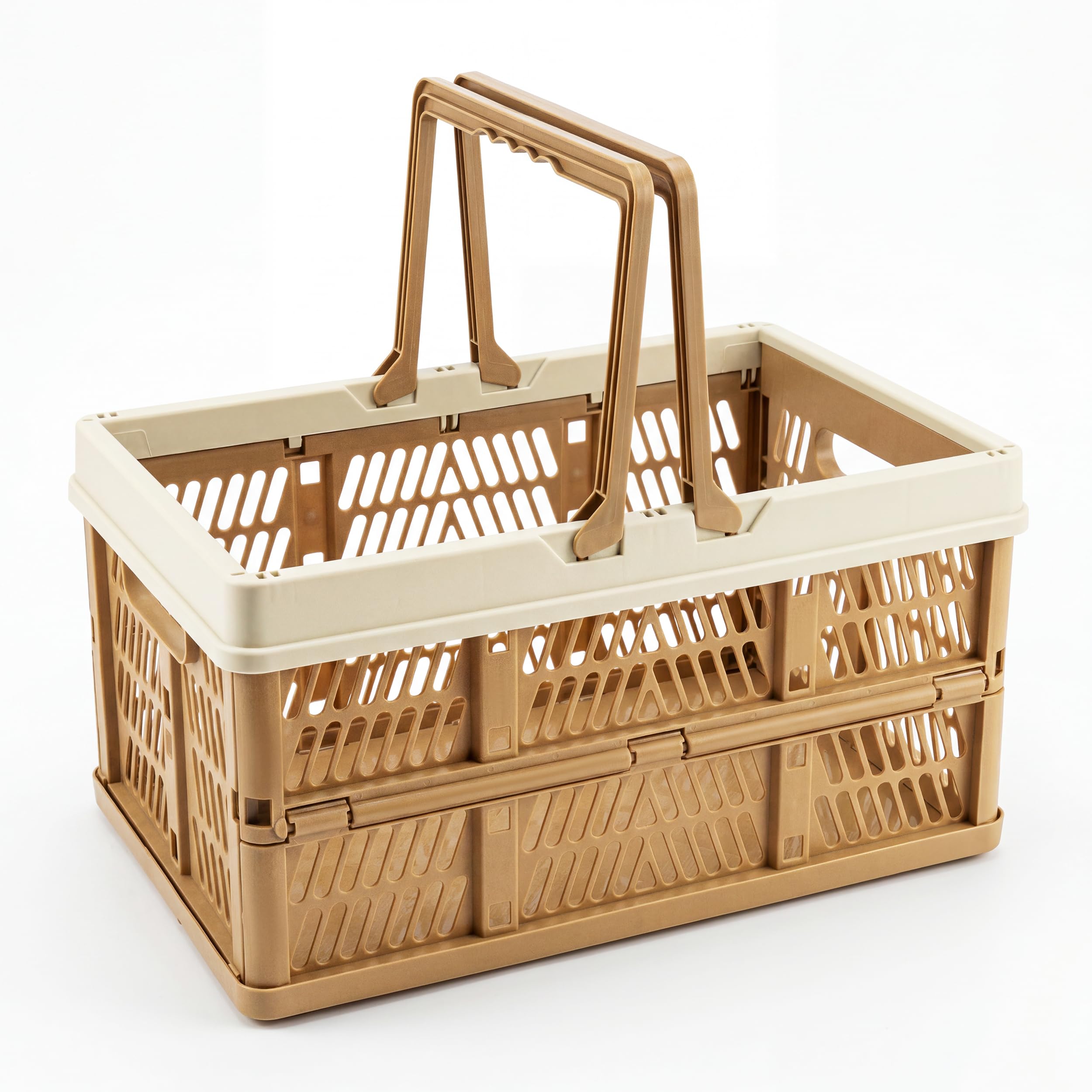 VALESKA 33L Collapsible Crate for storage, Plastic Milk Crate,17inch Collapsible Crates for Storage, Foldable Shopping Basket with Handles,Car Trunk Basket,for Kitchen(Brown)
