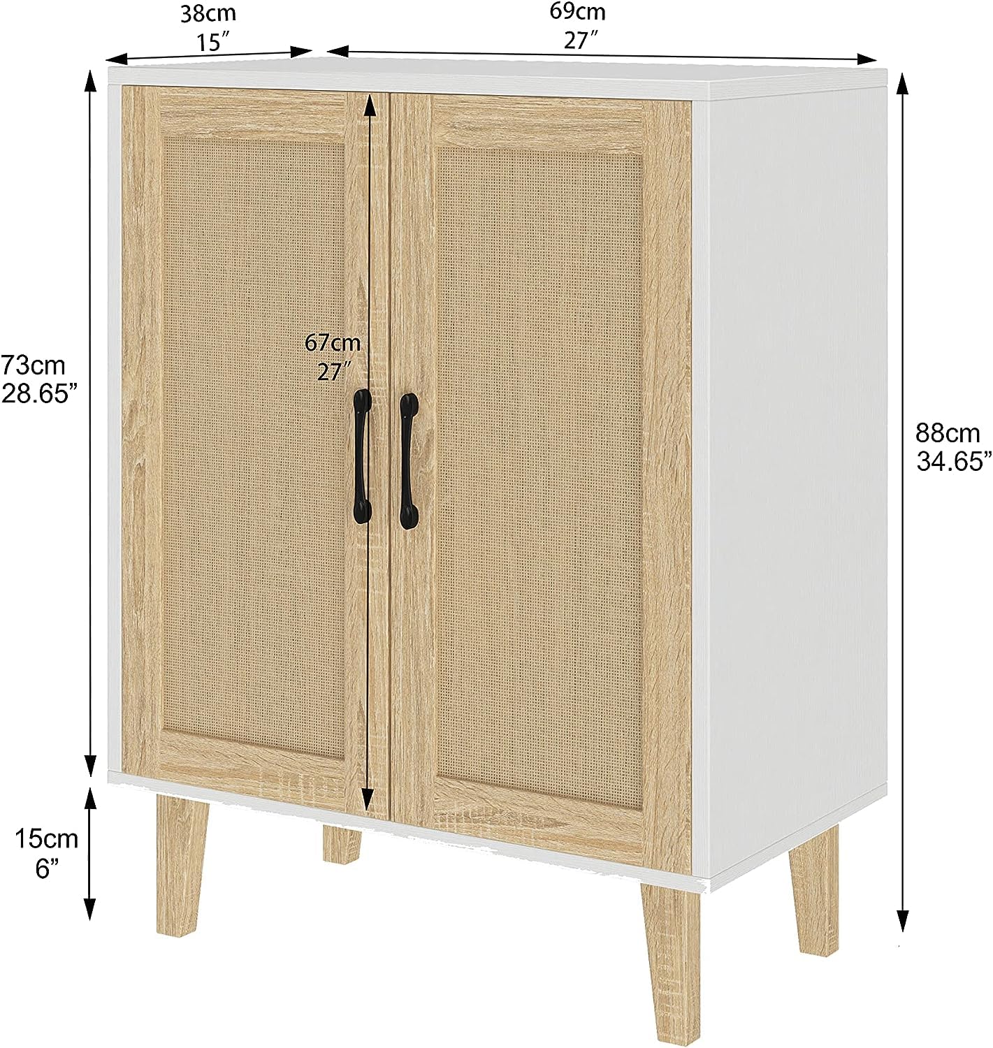 Panana Aufbewahrungsschrank, Rattan Sideboard Schrank mit 2 Rattan-Türen, Küche Akzentschrank mit Massivholzfüßen, Buffetschrank für Esszimmer, Flur, Eingang, Wohnzimmer (Weiß)