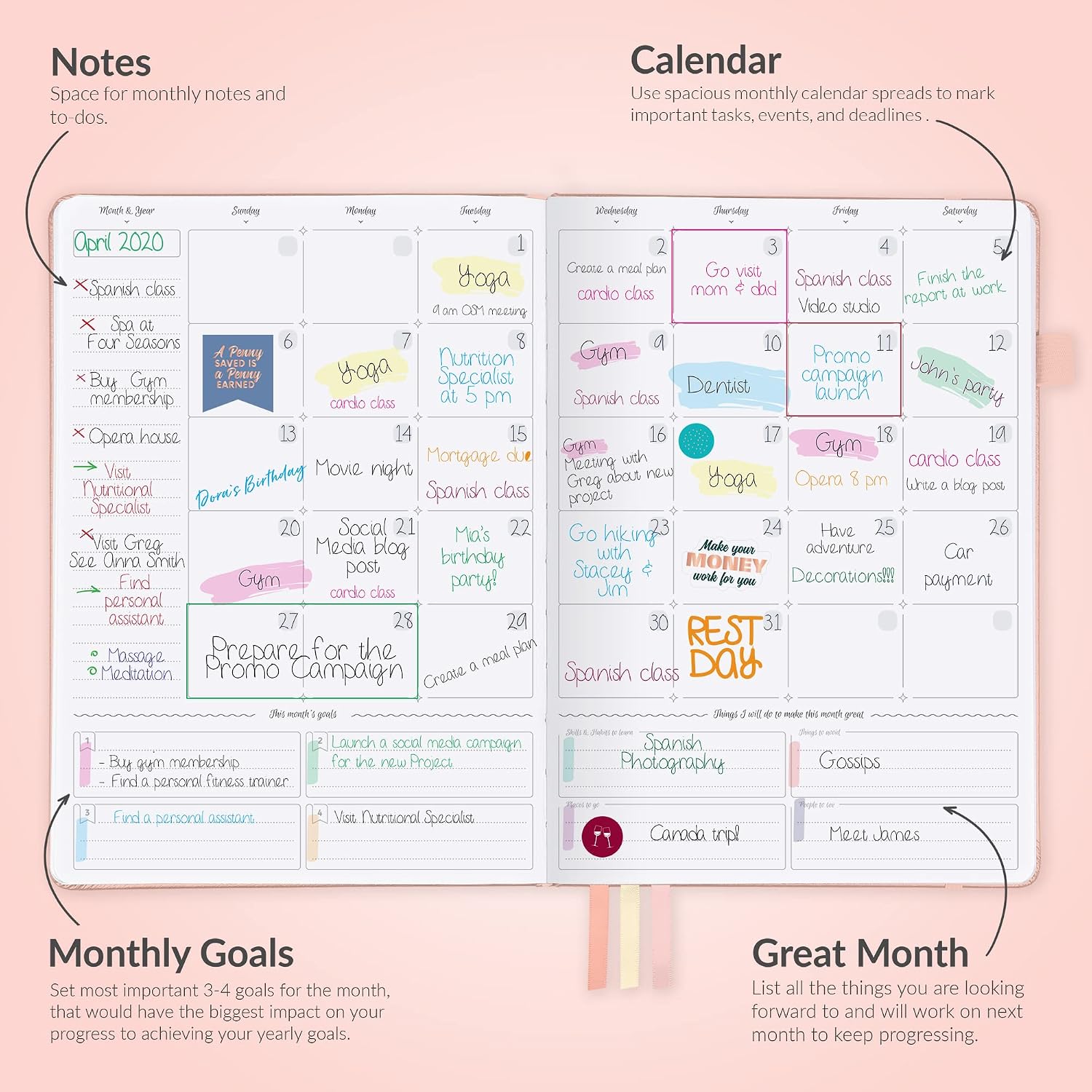GoGirl Planner PRO Schedule, Undated Planner with Hourly Time Slots, Monthly, Weekly & Daily Organizer - Image 5