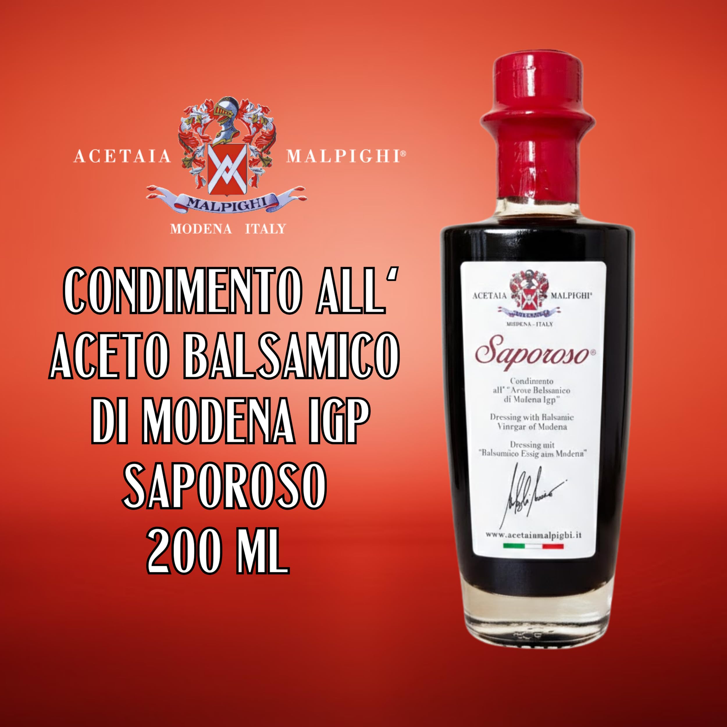 Acetaia Malpighi – Condimento all’Aceto Balsamico di Modena IGP Saporoso – 200 ml – Affinato 6 Anni in Botti di Rovere – Senza Caramello